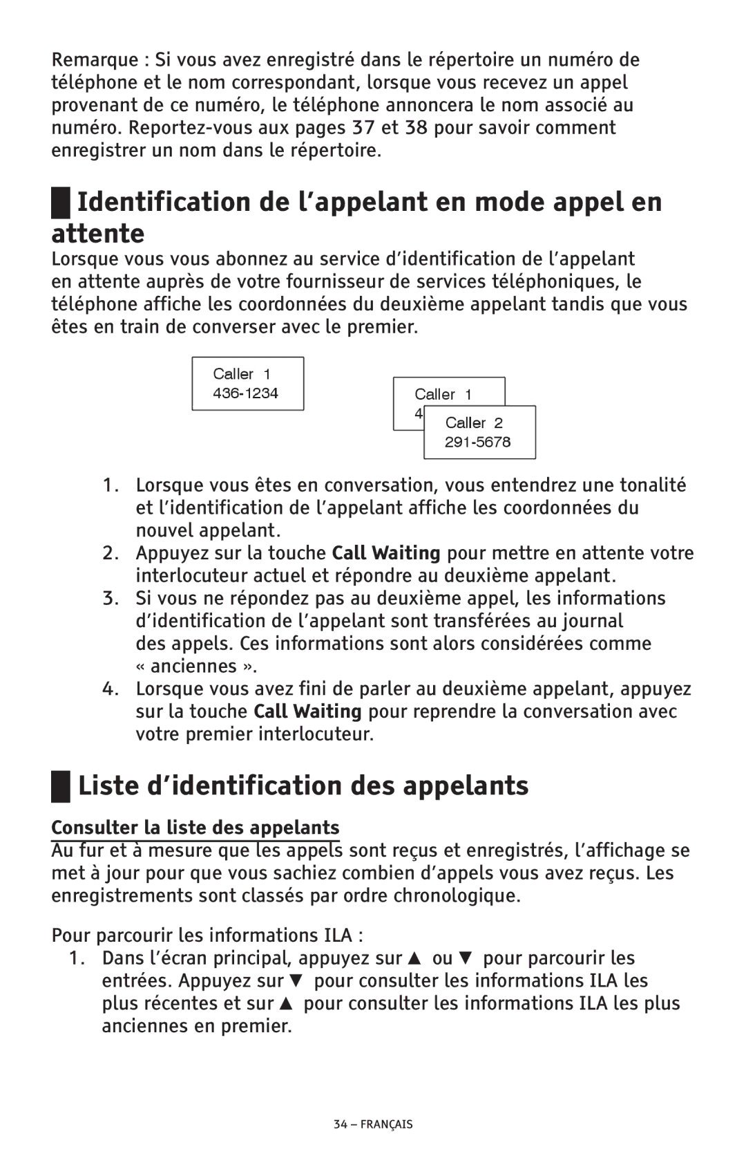 ClearSounds CSC600D manual Identification de l’appelant en mode appel en attente, Liste d’identification des appelants 