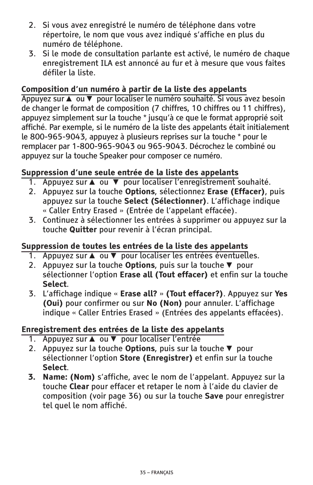 ClearSounds CSC600D manual Composition d’un numéro à partir de la liste des appelants 