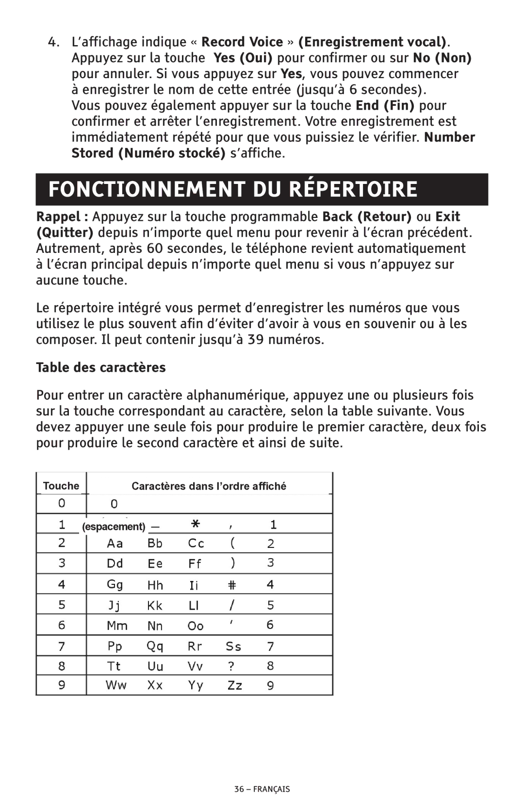 ClearSounds CSC600D manual Fonctionnement DU Répertoire, Table des caractères 