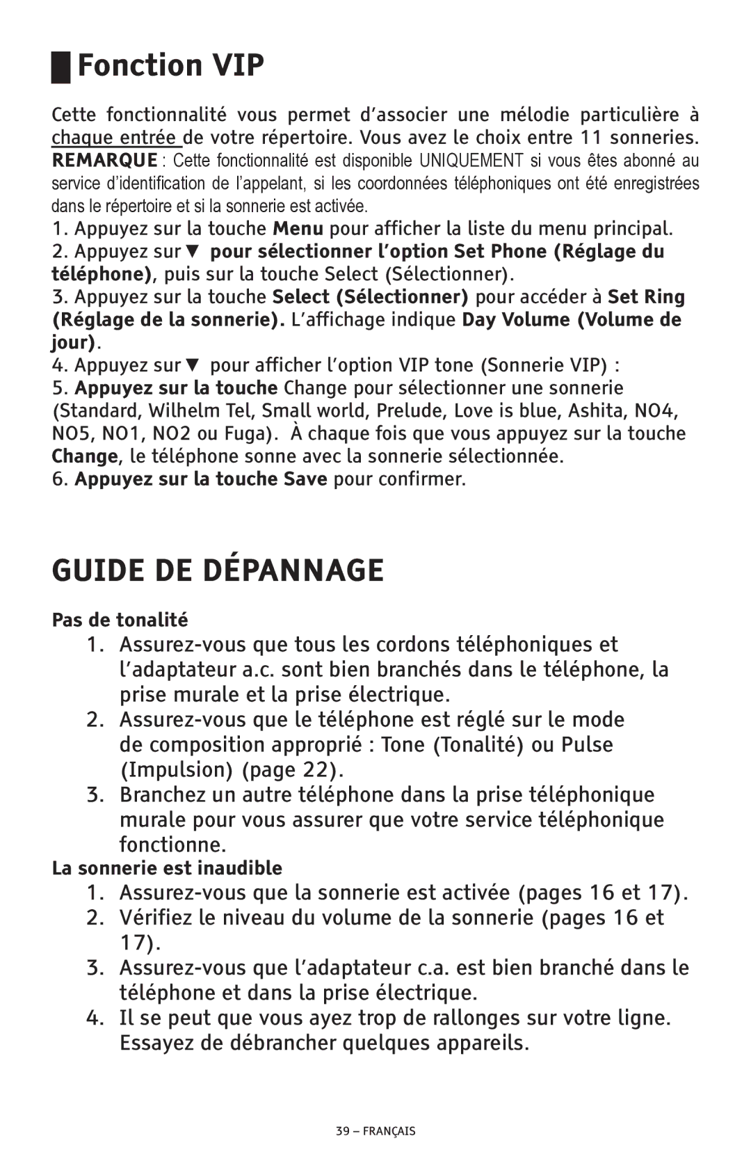 ClearSounds CSC600D manual Guide DE Dépannage, Appuyez sur la touche Save pour confirmer, Pas de tonalité 