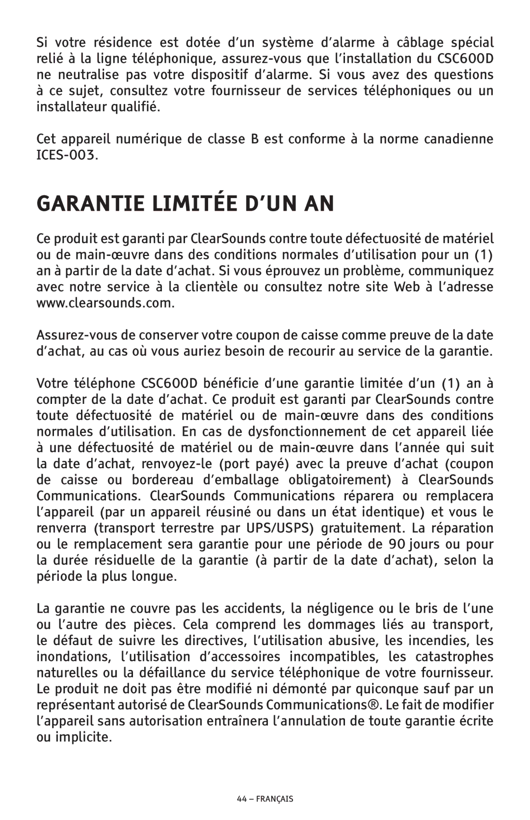 ClearSounds CSC600D manual Garantie Limitée D’UN AN 