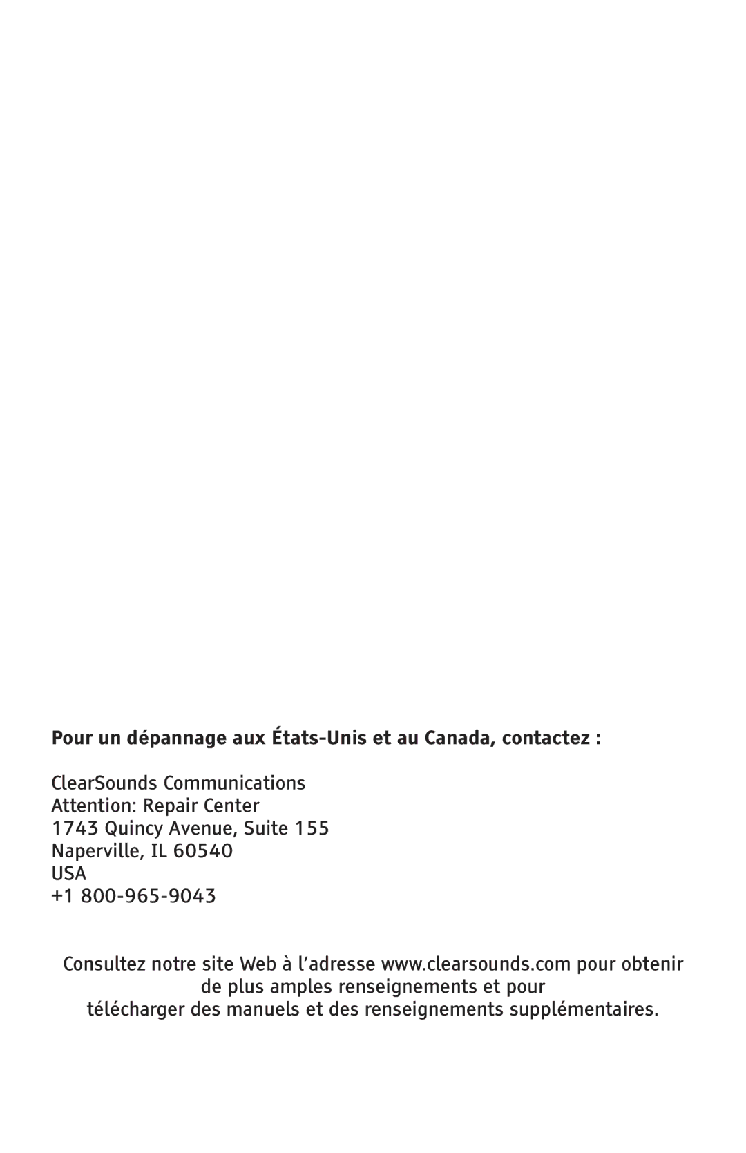 ClearSounds CSC600D manual Pour un dépannage aux États-Unis et au Canada, contactez , Usa 