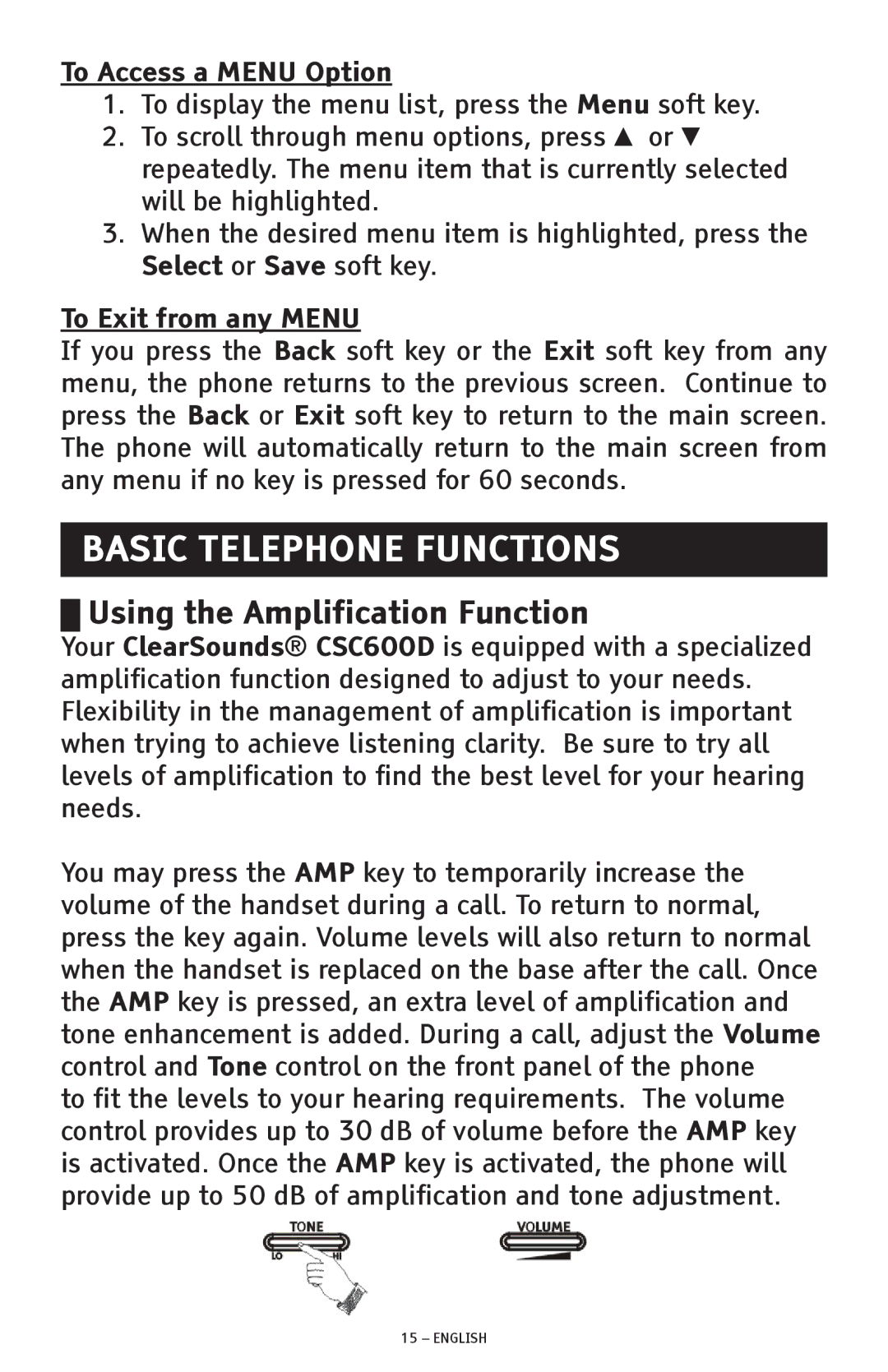 ClearSounds CSC600D manual Basic Telephone Functions, Using the Amplification Function, To Access a Menu Option 