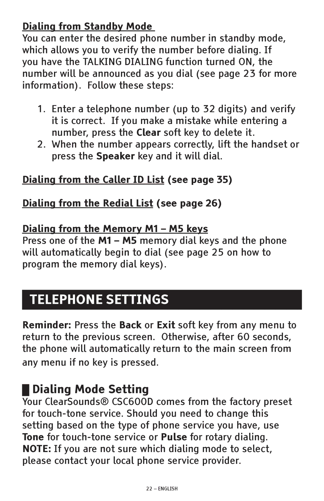 ClearSounds CSC600D manual Telephone Settings, Dialing Mode Setting, Dialing from Standby Mode 