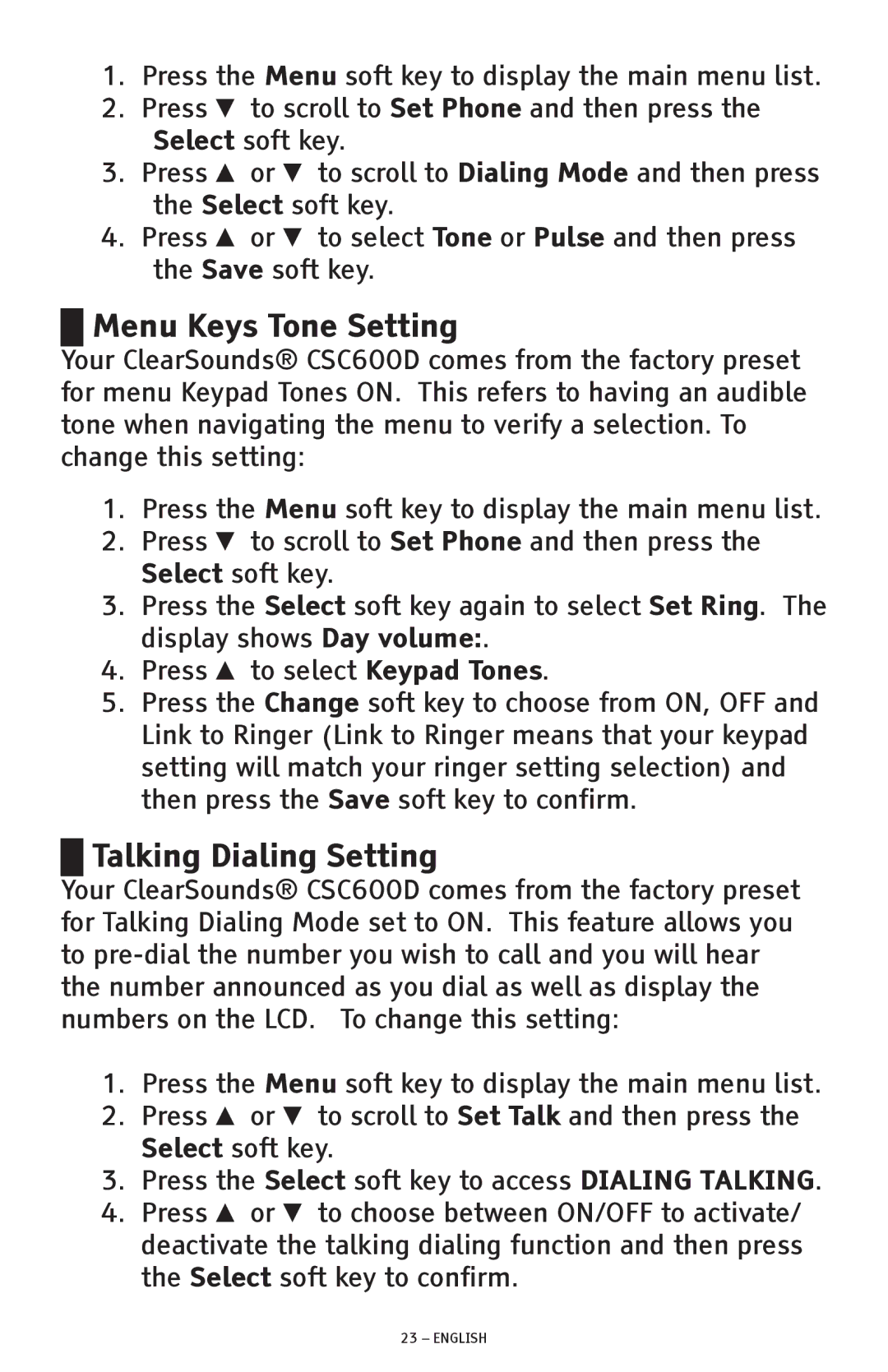 ClearSounds CSC600D manual Menu Keys Tone Setting, Talking Dialing Setting 