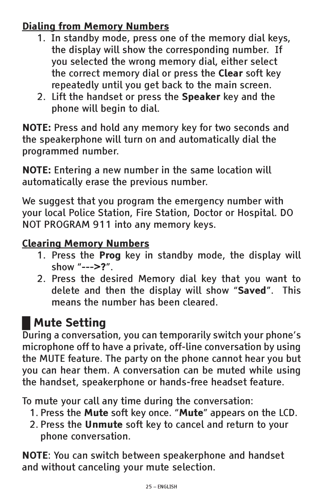 ClearSounds CSC600D manual Mute Setting, Dialing from Memory Numbers, Clearing Memory Numbers 