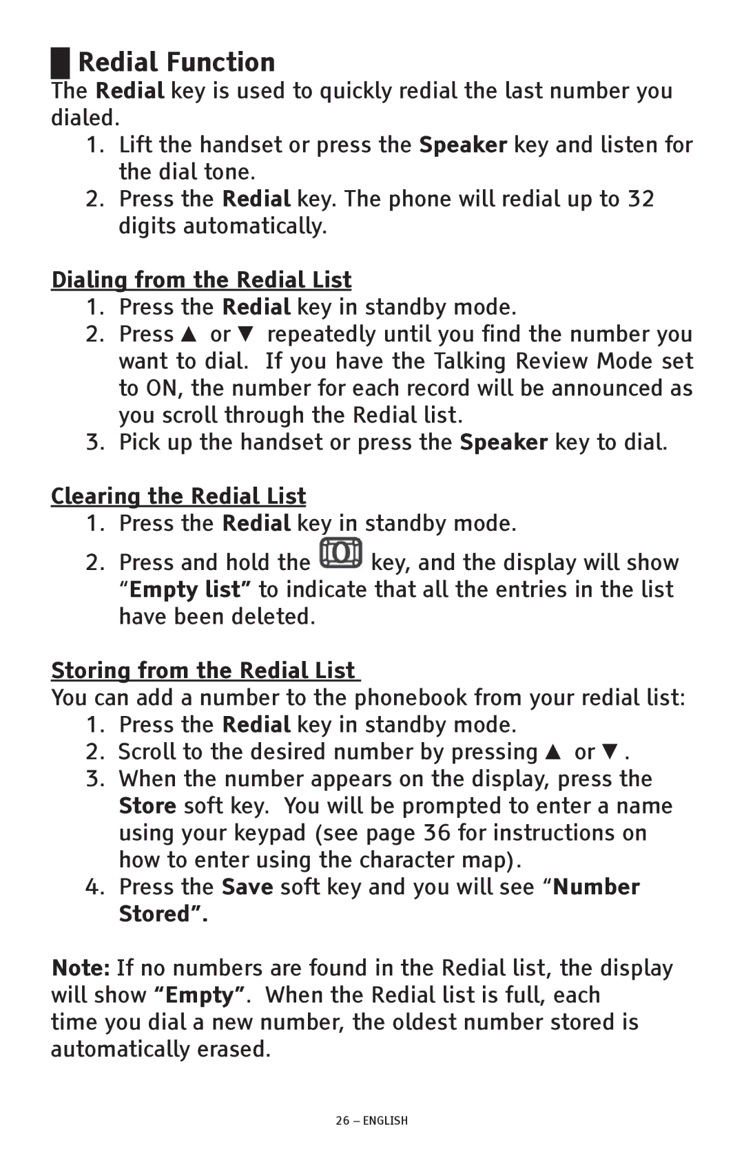 ClearSounds CSC600D Redial Function, Dialing from the Redial List, Clearing the Redial List, Storing from the Redial List 