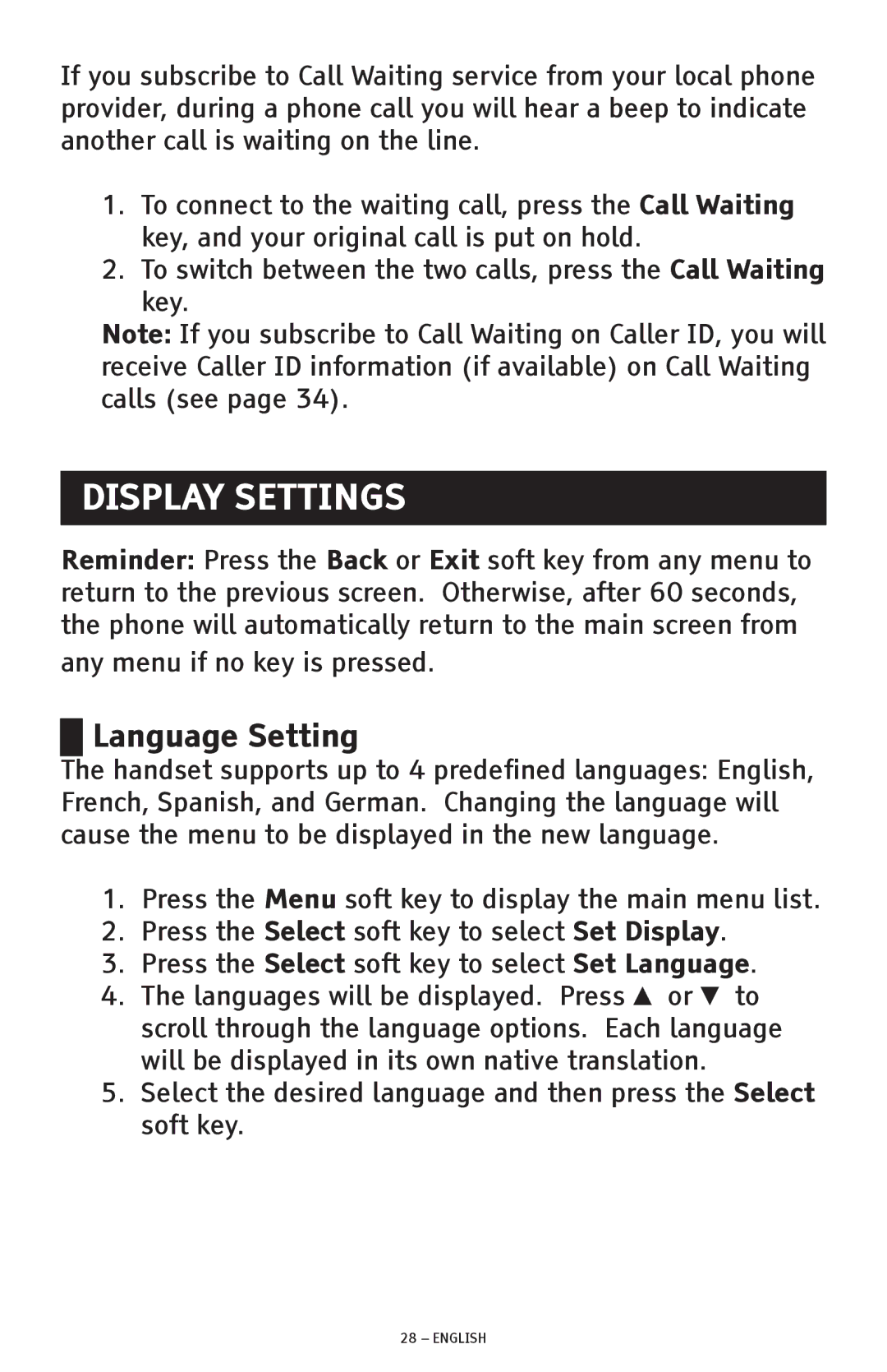 ClearSounds CSC600D manual Display Settings, Language Setting 