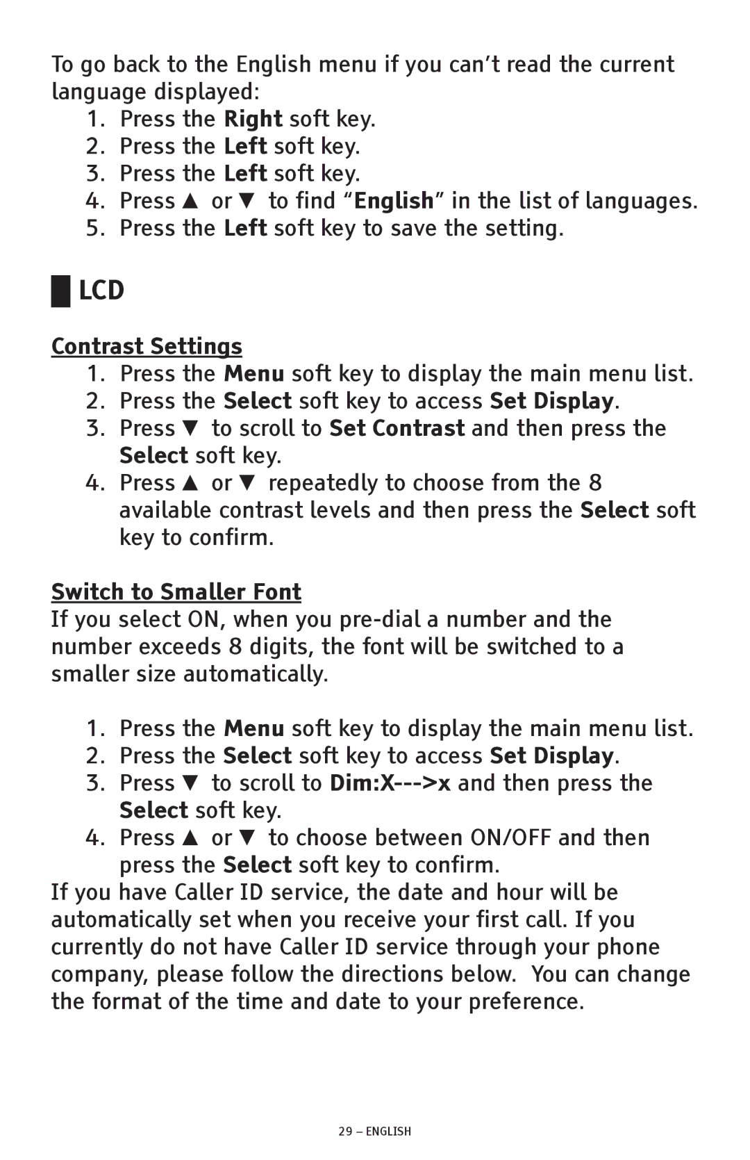 ClearSounds CSC600D manual Contrast Settings, Switch to Smaller Font 