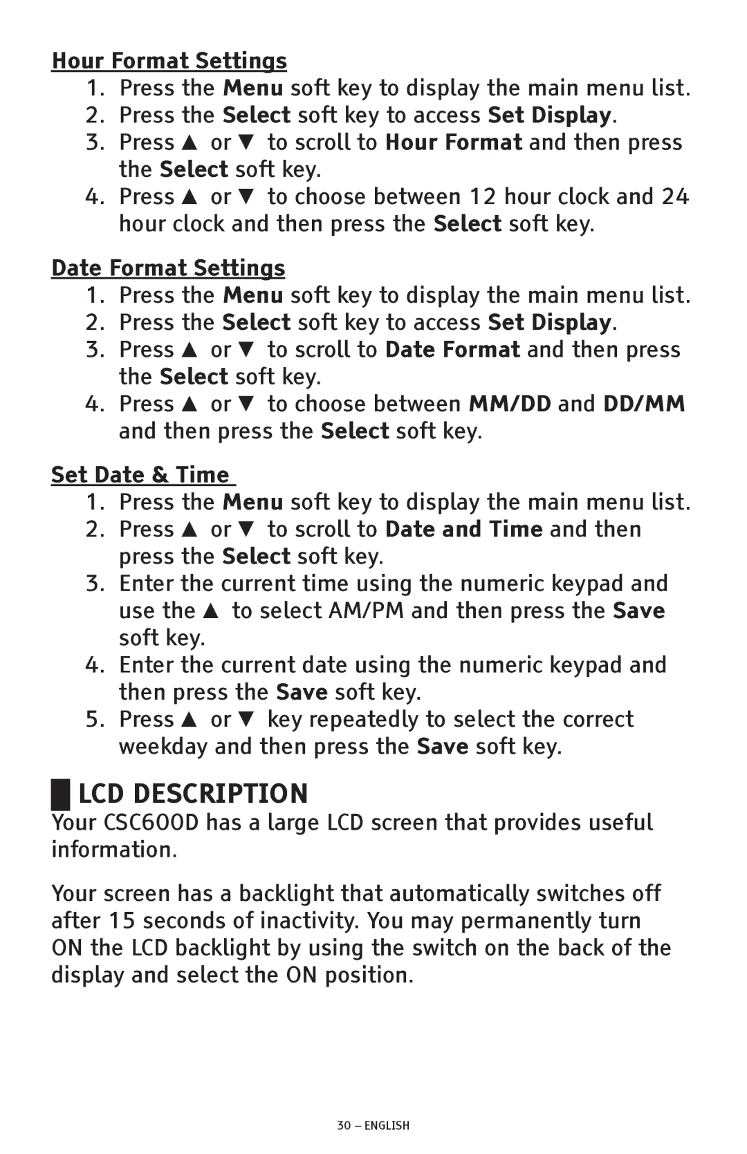 ClearSounds CSC600D manual Hour Format Settings, Date Format Settings, Set Date & Time 