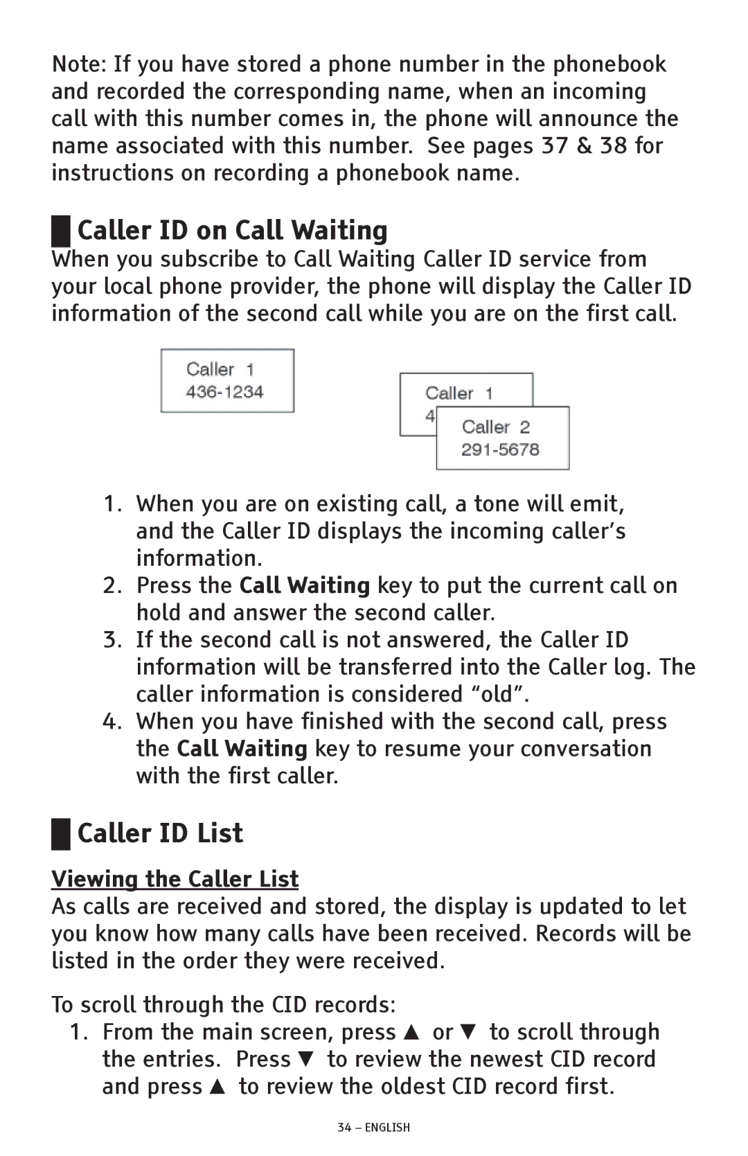 ClearSounds CSC600D manual Caller ID on Call Waiting, Caller ID List, Viewing the Caller List 