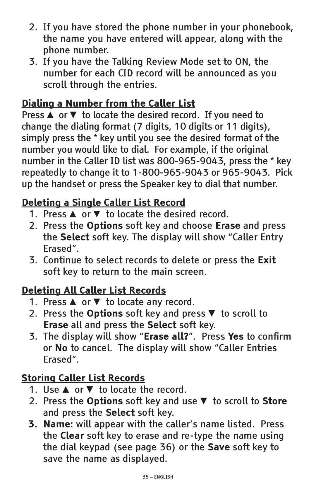 ClearSounds CSC600D manual Dialing a Number from the Caller List, Deleting a Single Caller List Record 