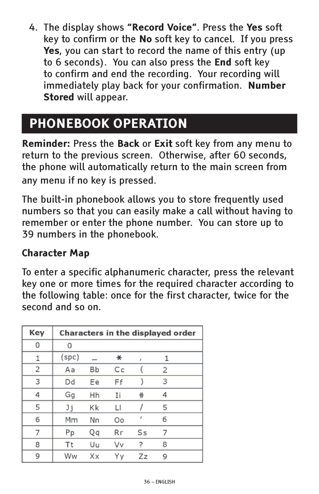 ClearSounds CSC600D manual Phonebook Operation, Character Map 