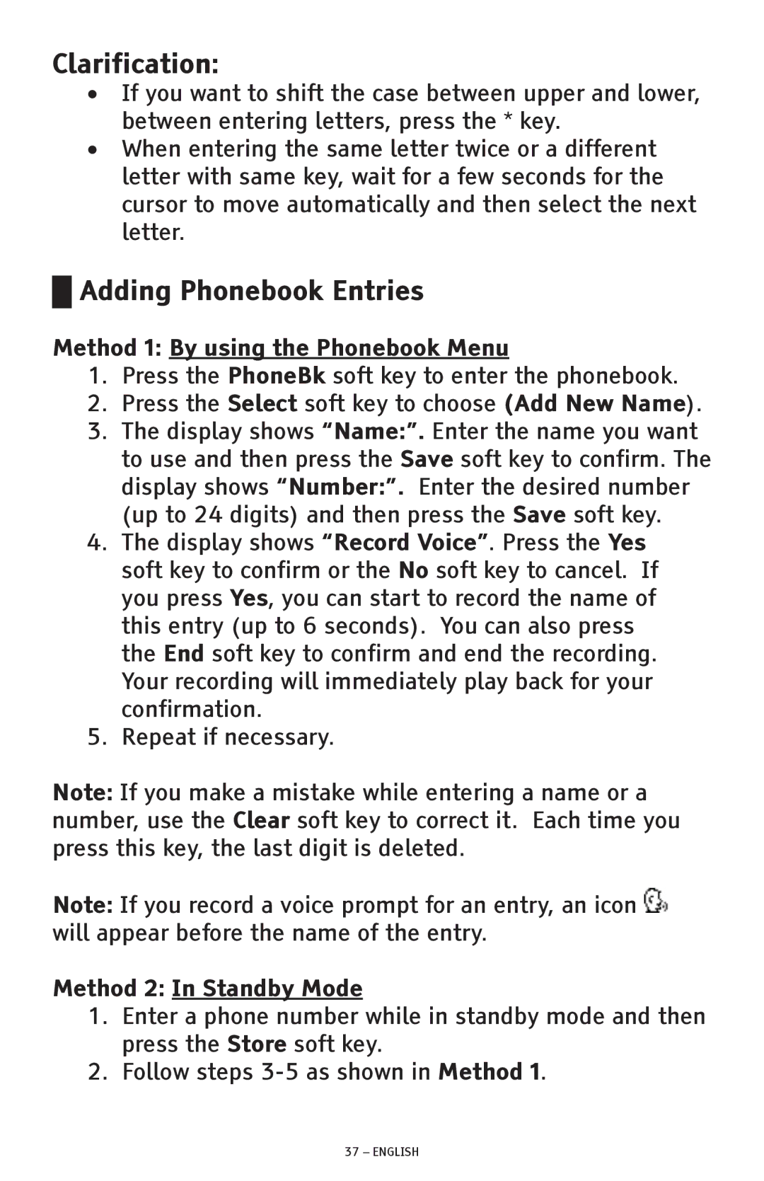 ClearSounds CSC600D manual Clarification, Adding Phonebook Entries, Method 1 By using the Phonebook Menu 