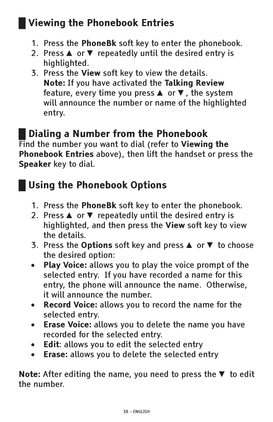 ClearSounds CSC600D manual Viewing the Phonebook Entries, Dialing a Number from the Phonebook, Using the Phonebook Options 