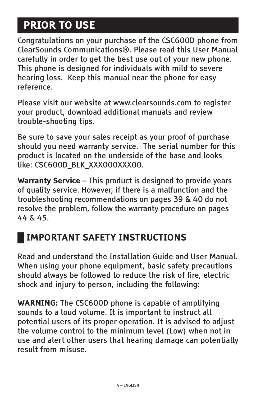 ClearSounds CSC600D manual Prior to USE, Important Safety Instructions 