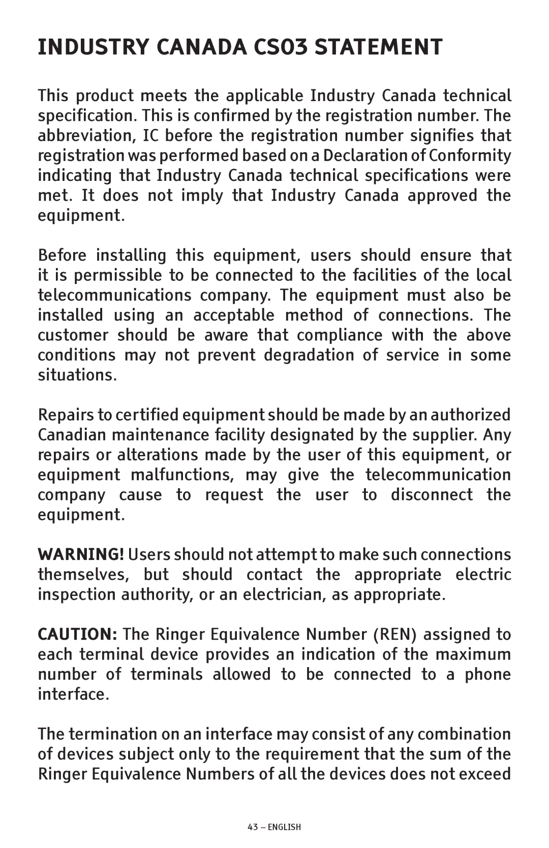 ClearSounds CSC600D manual Industry Canada CS03 Statement 