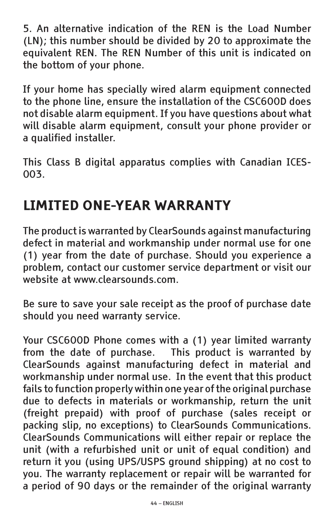 ClearSounds CSC600D manual Limited ONE-YEAR Warranty 