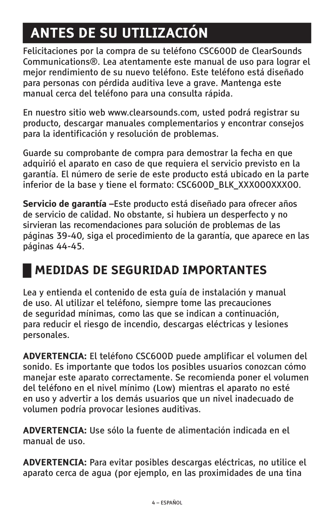 ClearSounds CSC600D manual Antes DE SU Utilización, Medidas DE Seguridad Importantes 