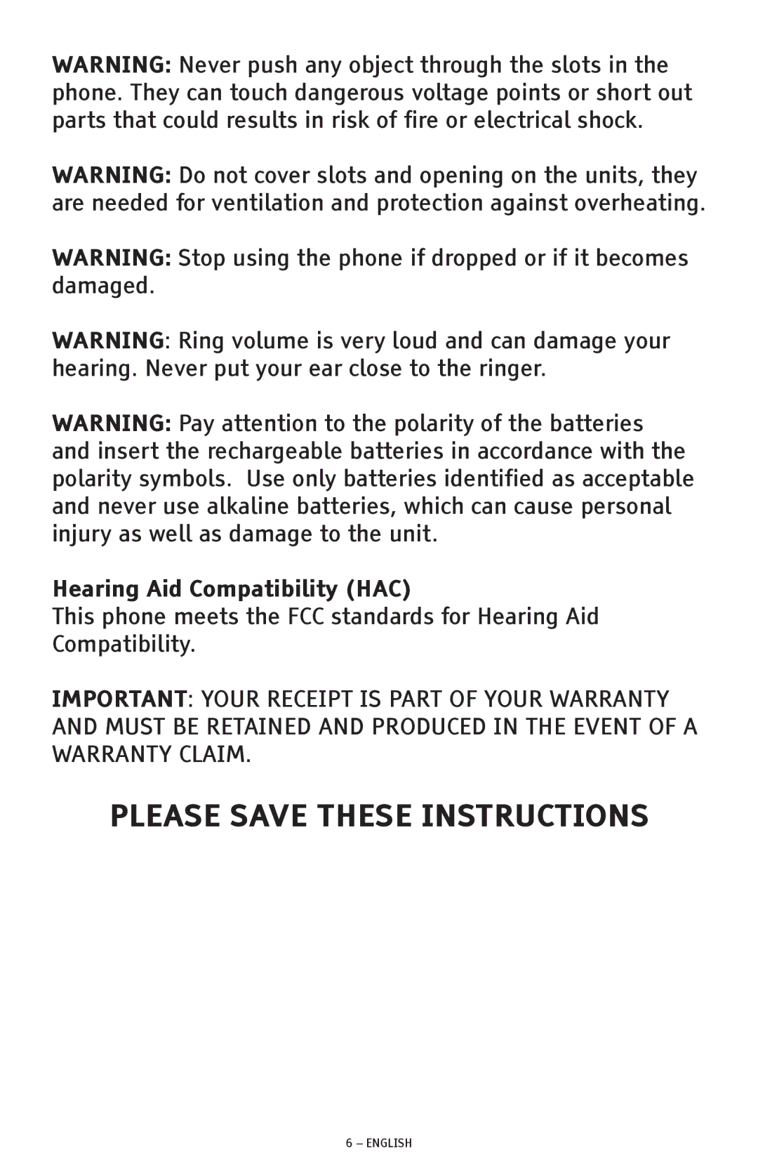 ClearSounds CSC600D manual Please Save These Instructions, Hearing Aid Compatibility HAC 