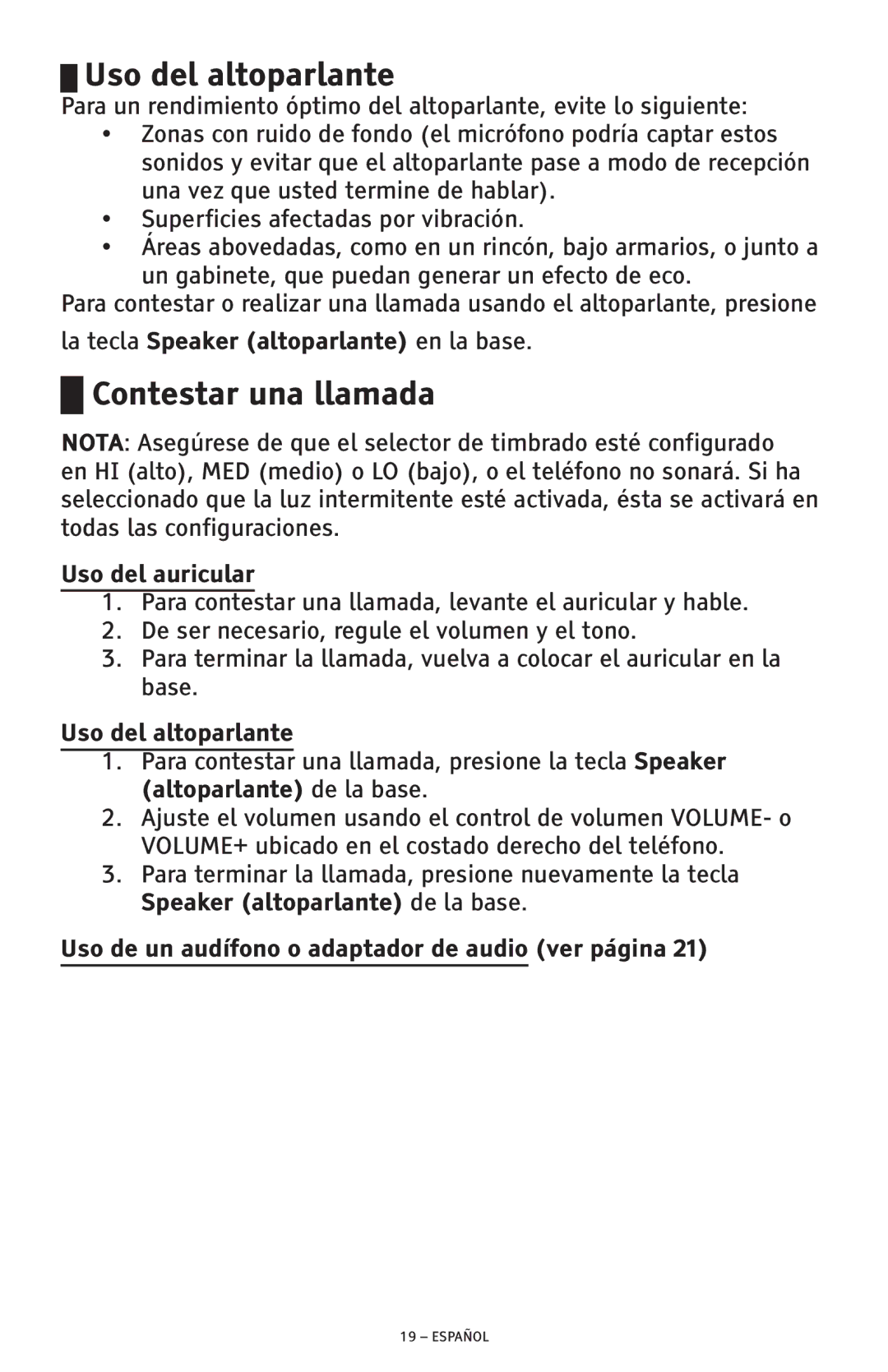 ClearSounds CSC600D manual Uso del altoparlante, Contestar una llamada 