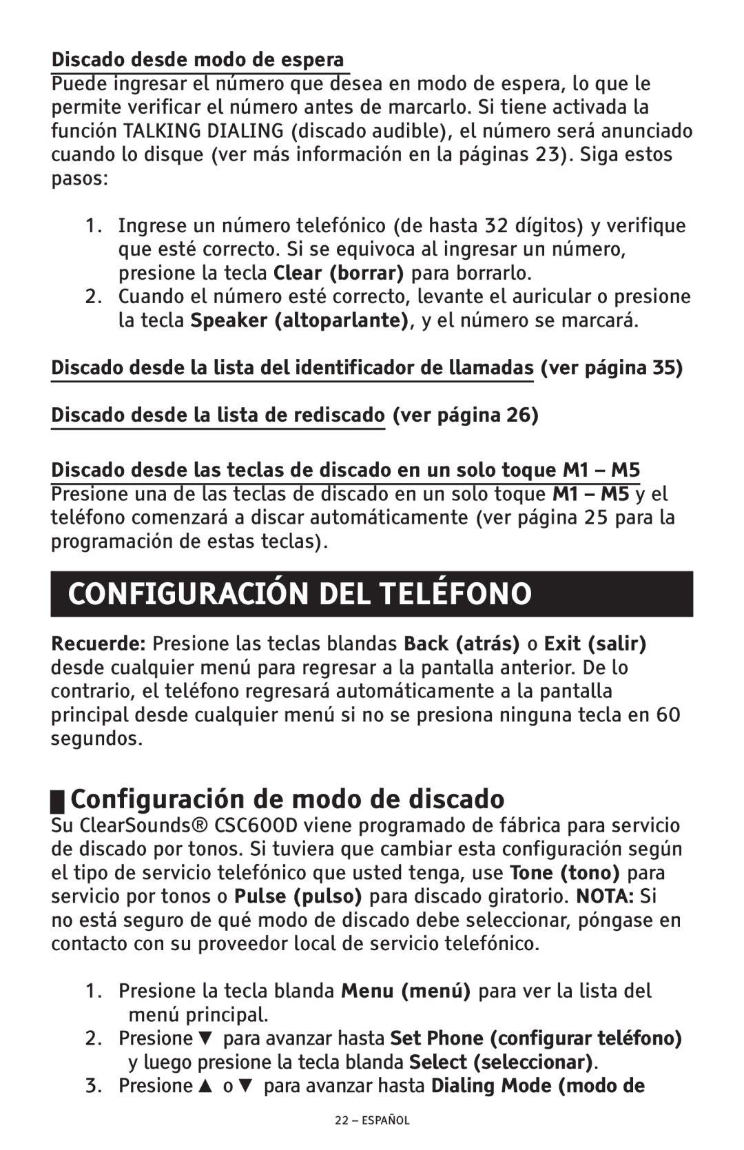 ClearSounds CSC600D manual Configuración DEL Teléfono, Configuración de modo de discado, Discado desde modo de espera 