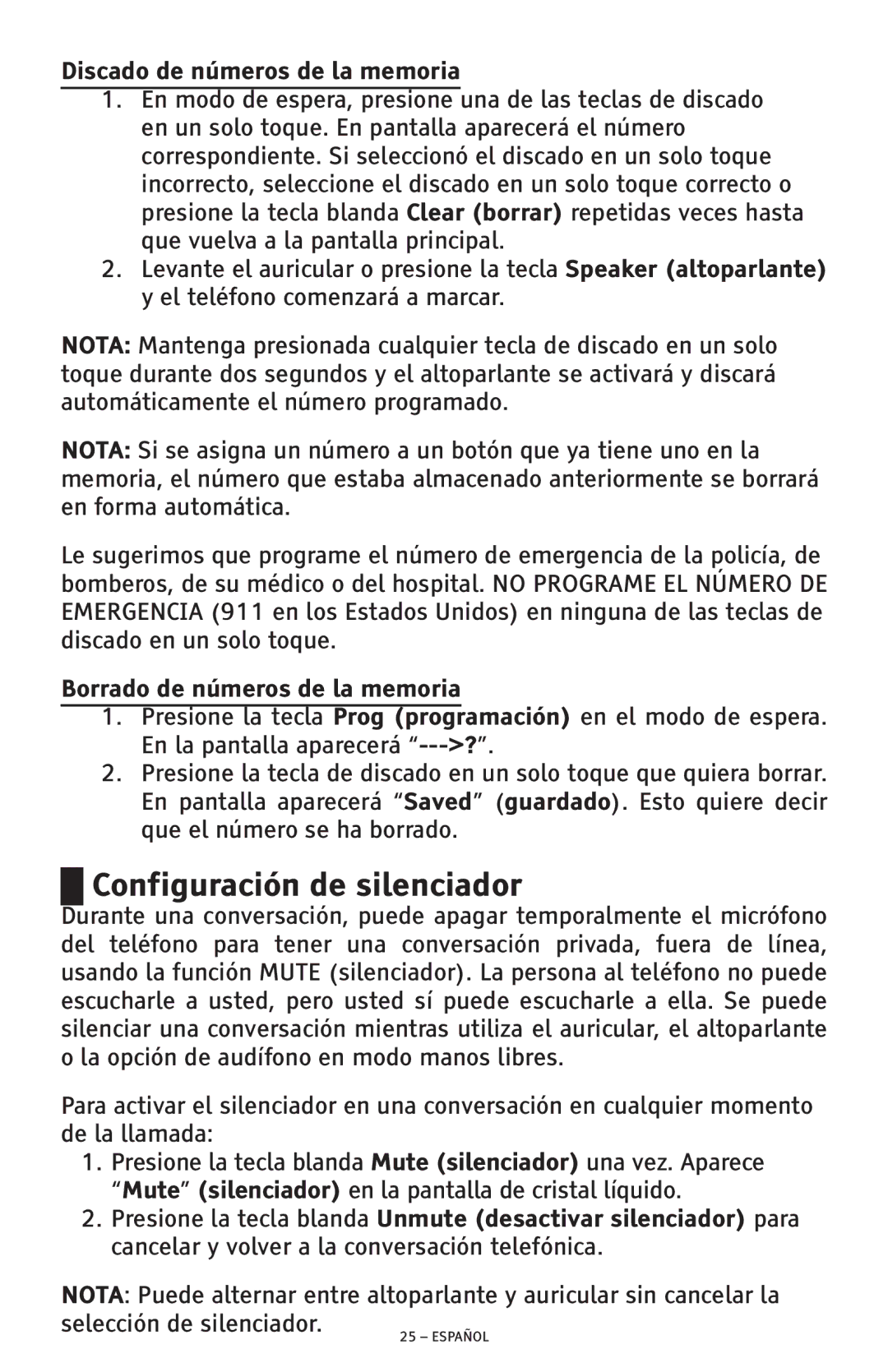 ClearSounds CSC600D manual Configuración de silenciador, Discado de números de la memoria, Borrado de números de la memoria 