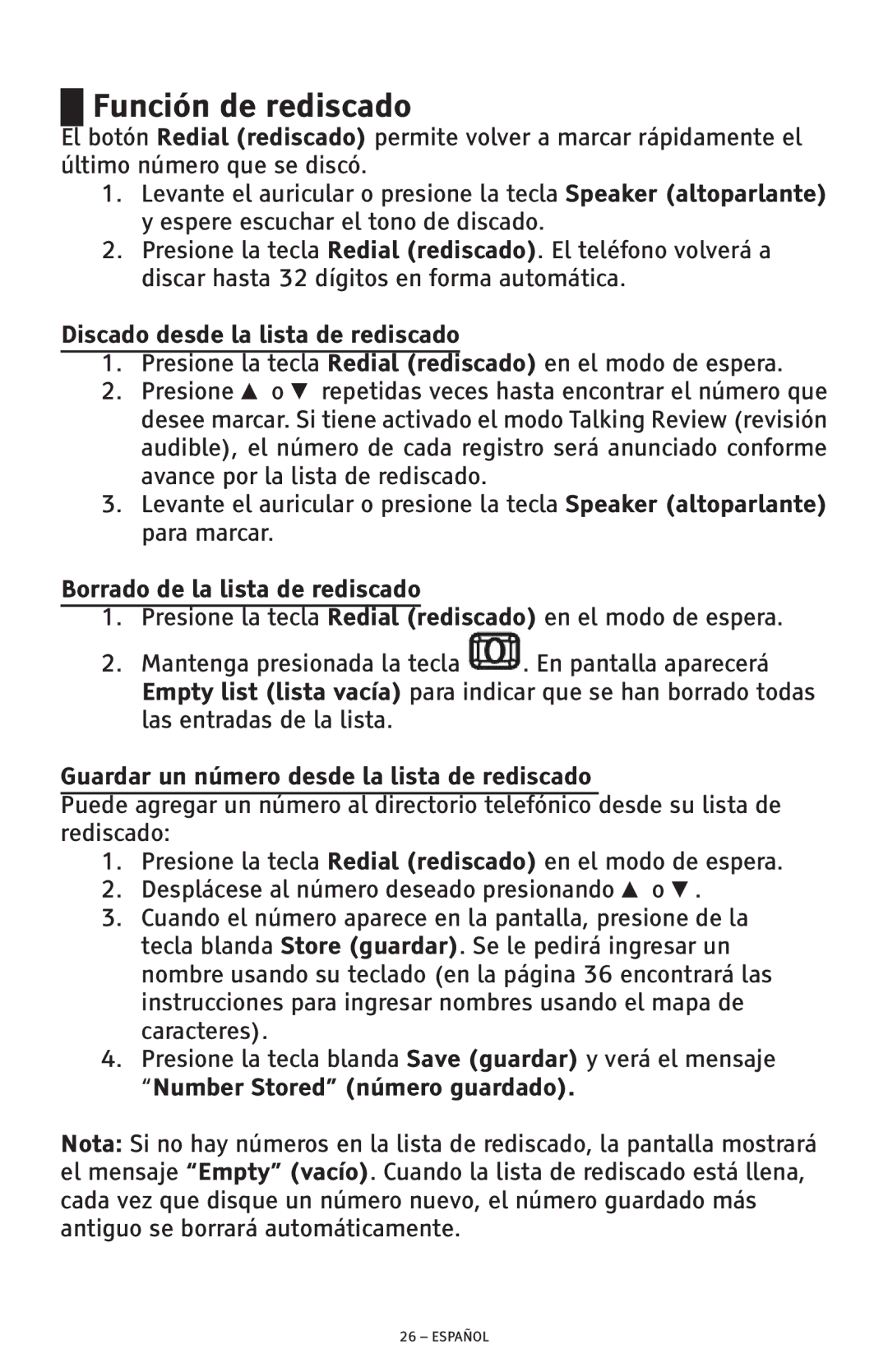 ClearSounds CSC600D manual Función de rediscado, Discado desde la lista de rediscado, Borrado de la lista de rediscado 