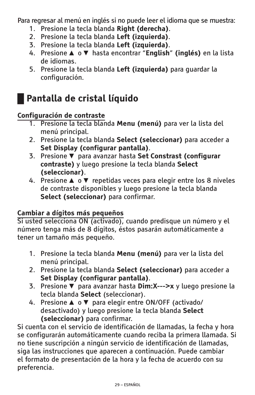 ClearSounds CSC600D manual Pantalla de cristal líquido, Configuración de contraste, Cambiar a dígitos más pequeños 