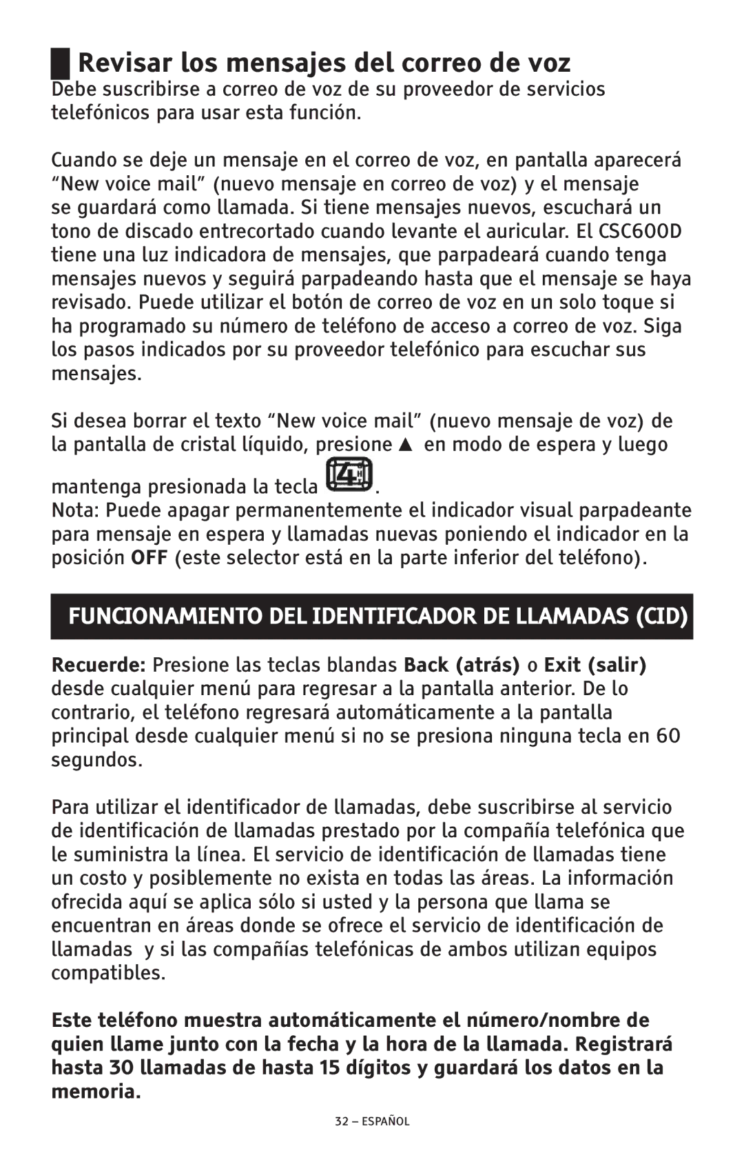 ClearSounds CSC600D manual Revisar los mensajes del correo de voz, Funcionamiento DEL Identificador DE Llamadas CID 