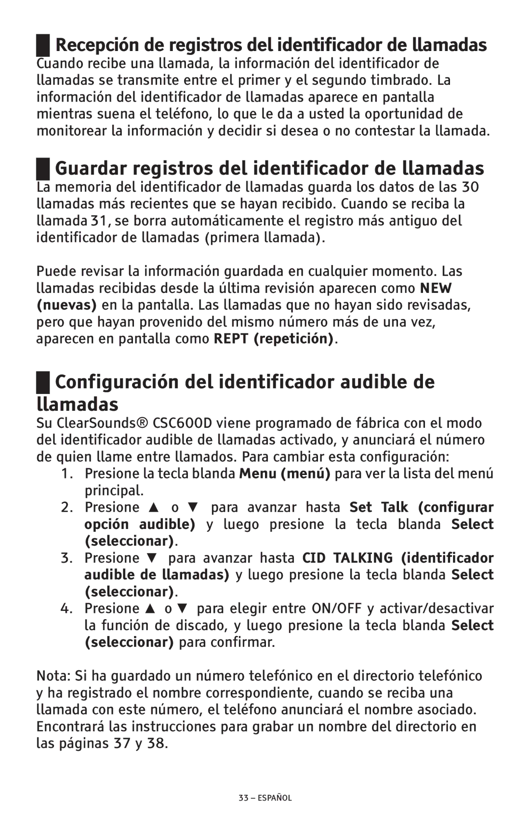 ClearSounds CSC600D Guardar registros del identificador de llamadas, Configuración del identificador audible de llamadas 