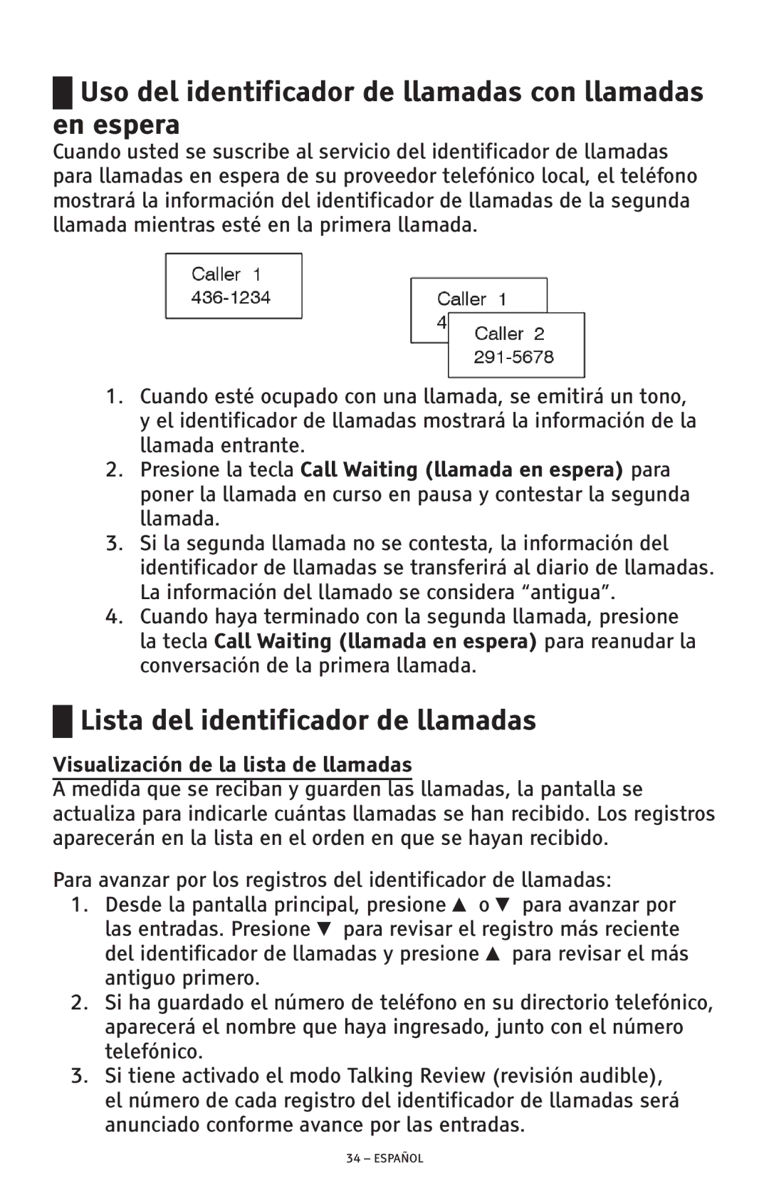 ClearSounds CSC600D manual Uso del identificador de llamadas con llamadas en espera, Lista del identificador de llamadas 