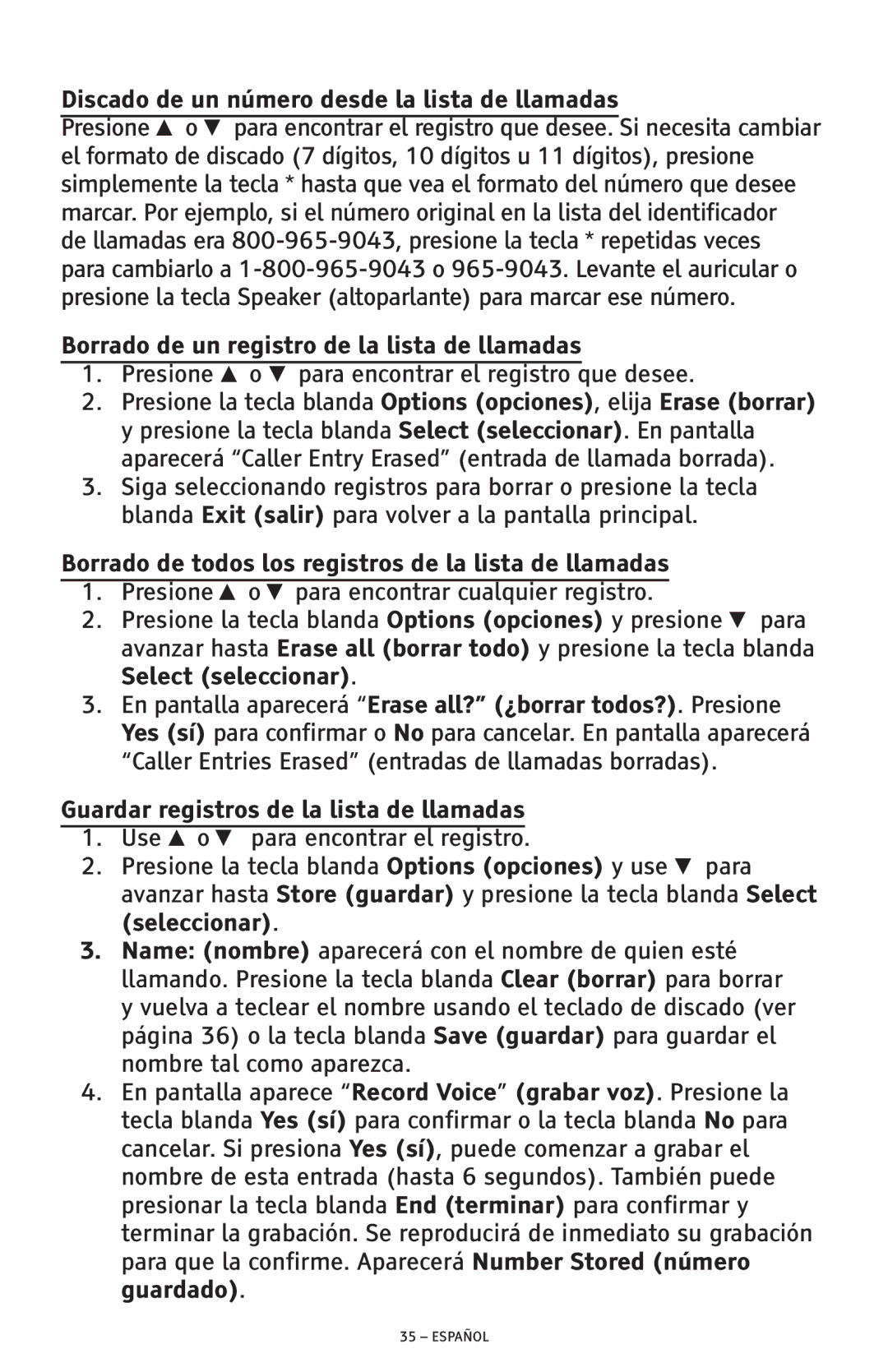 ClearSounds CSC600D manual Discado de un número desde la lista de llamadas, Borrado de un registro de la lista de llamadas 