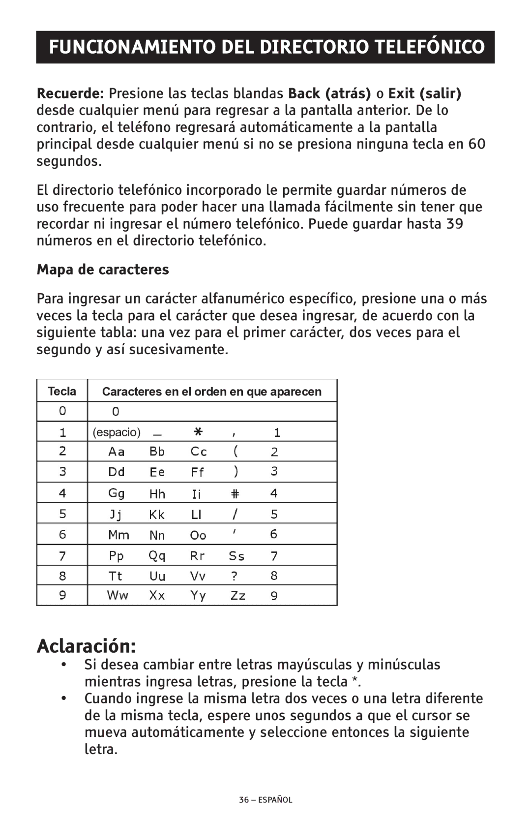 ClearSounds CSC600D manual Aclaración, Mapa de caracteres 