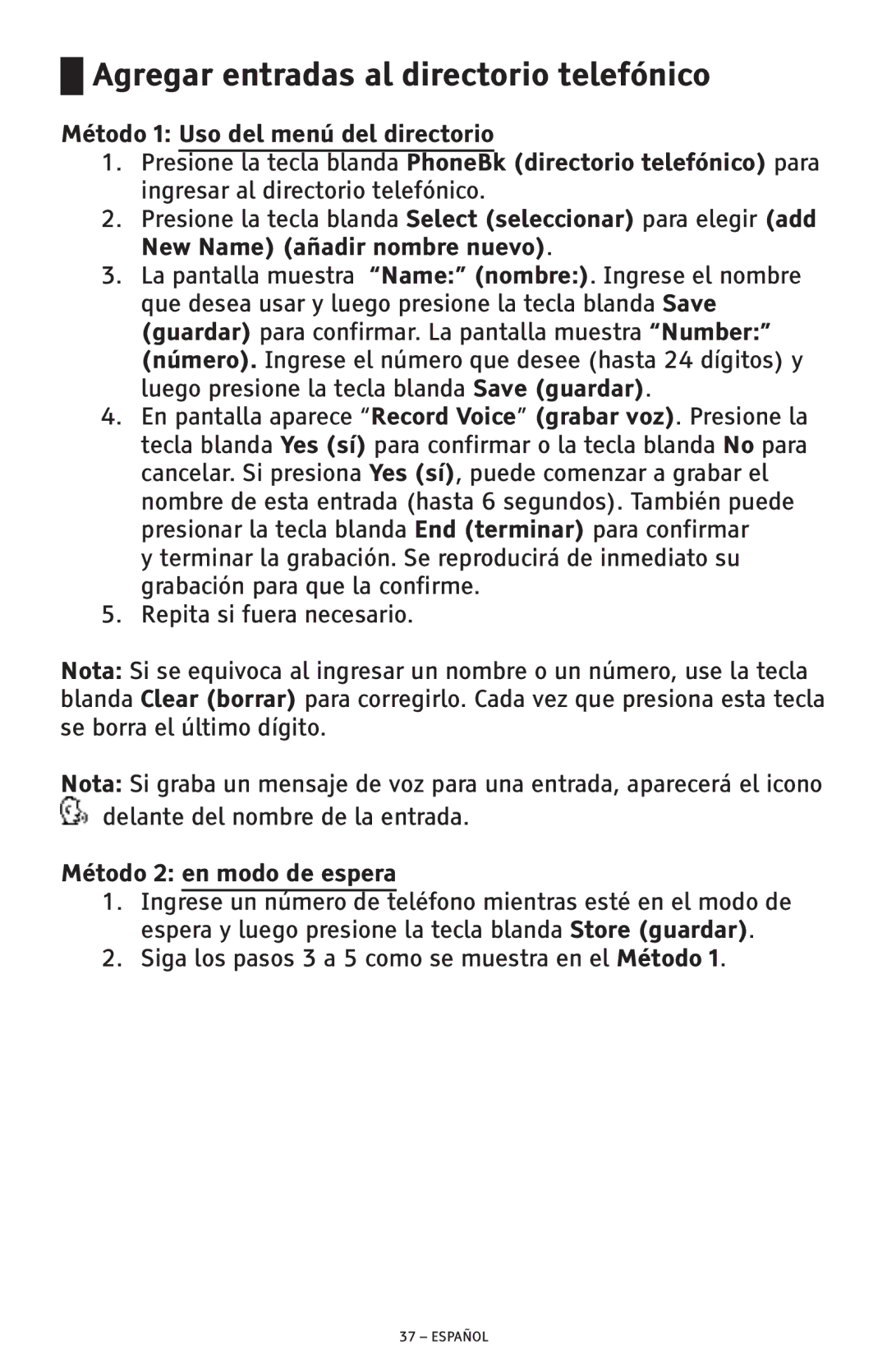 ClearSounds CSC600D manual Agregar entradas al directorio telefónico, Método 2 en modo de espera 