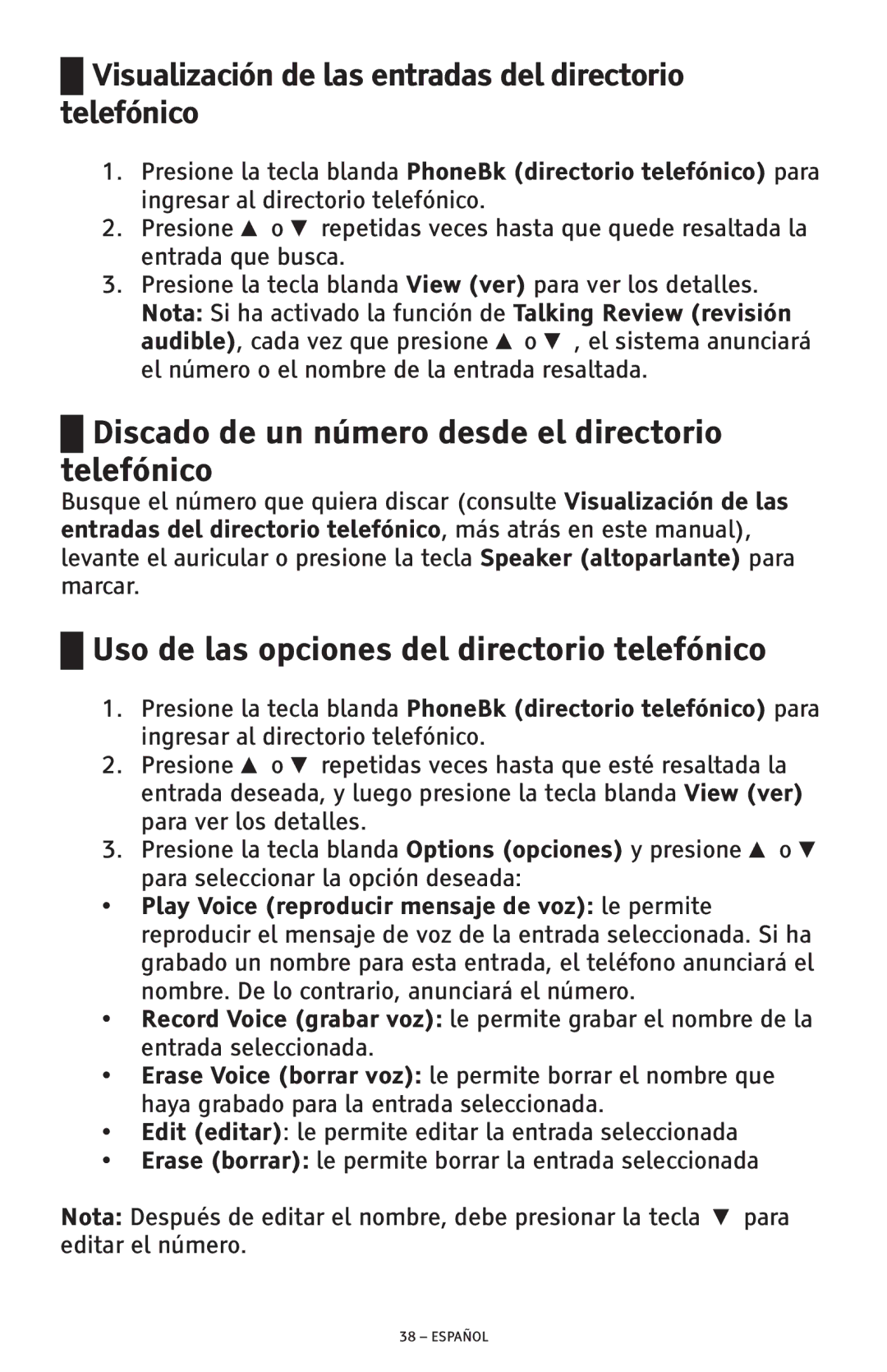 ClearSounds CSC600D Discado de un número desde el directorio telefónico, Uso de las opciones del directorio telefónico 