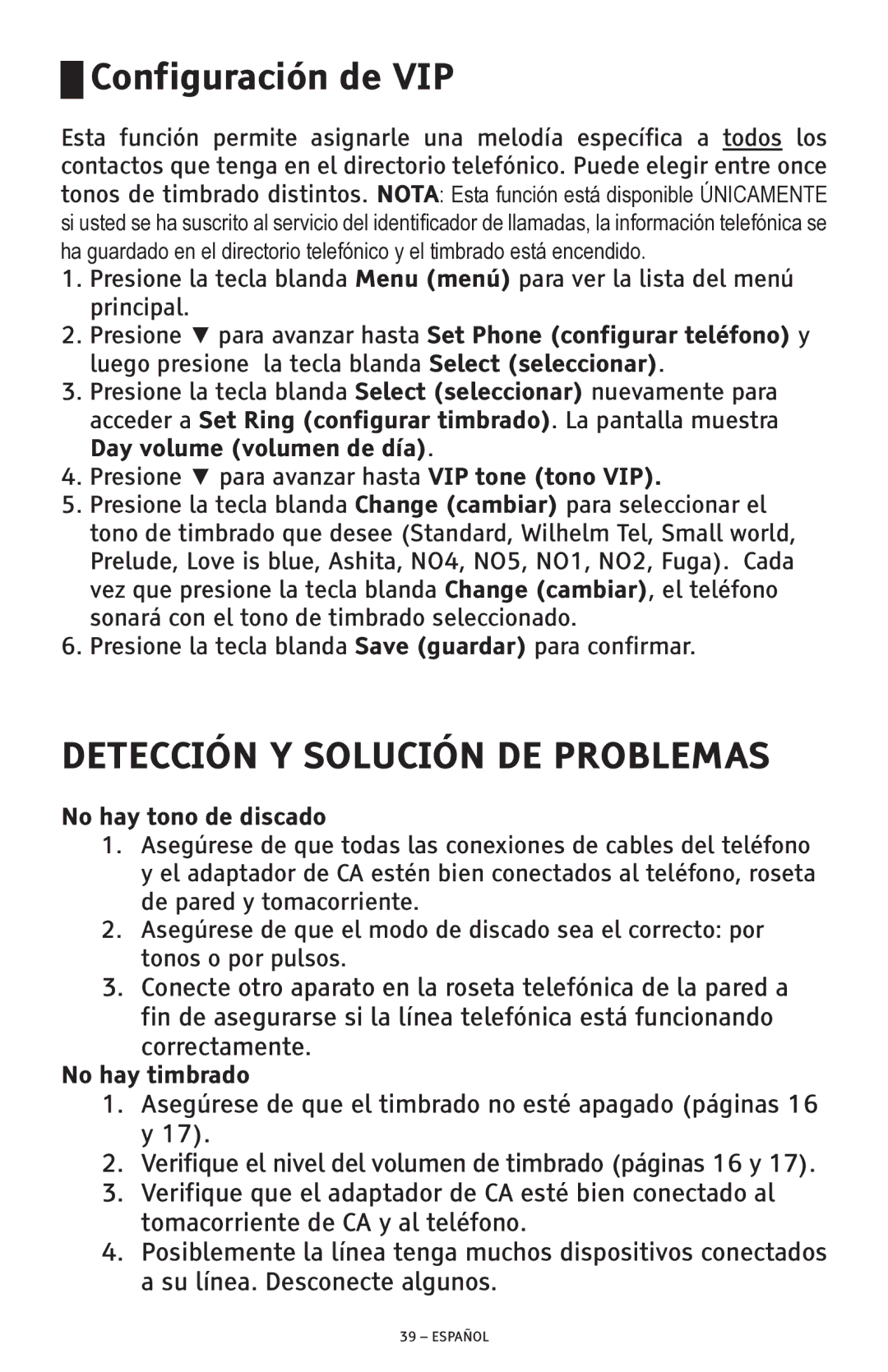 ClearSounds CSC600D manual Detección Y Solución DE Problemas, No hay tono de discado, No hay timbrado 