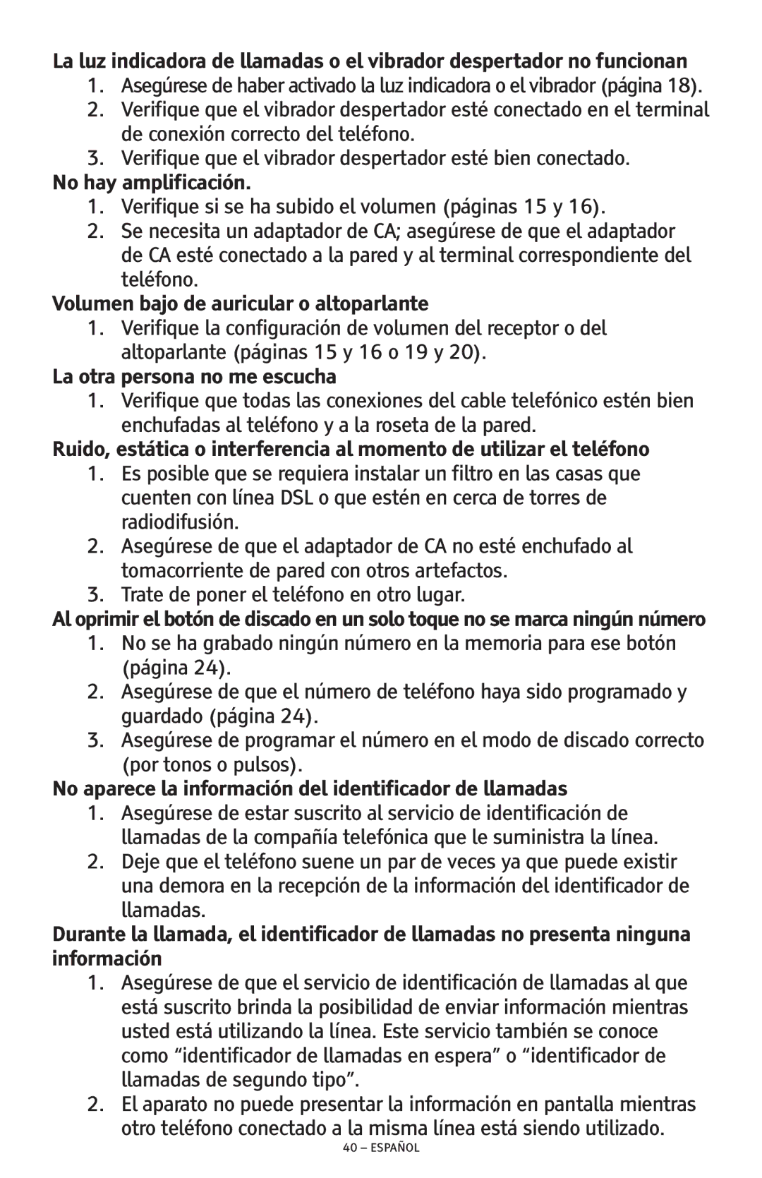 ClearSounds CSC600D manual No hay amplificación, Volumen bajo de auricular o altoparlante, La otra persona no me escucha 