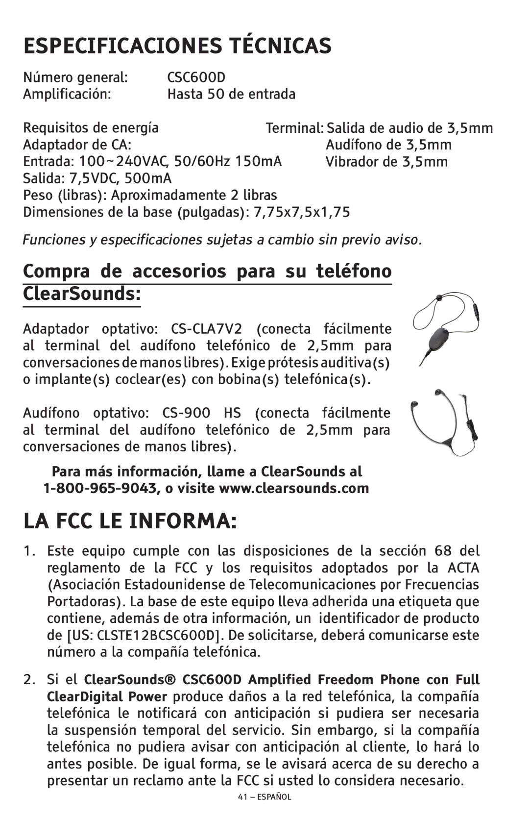 ClearSounds CSC600D manual Especificaciones Técnicas, LA FCC LE Informa, Compra de accesorios para su teléfono ClearSounds 