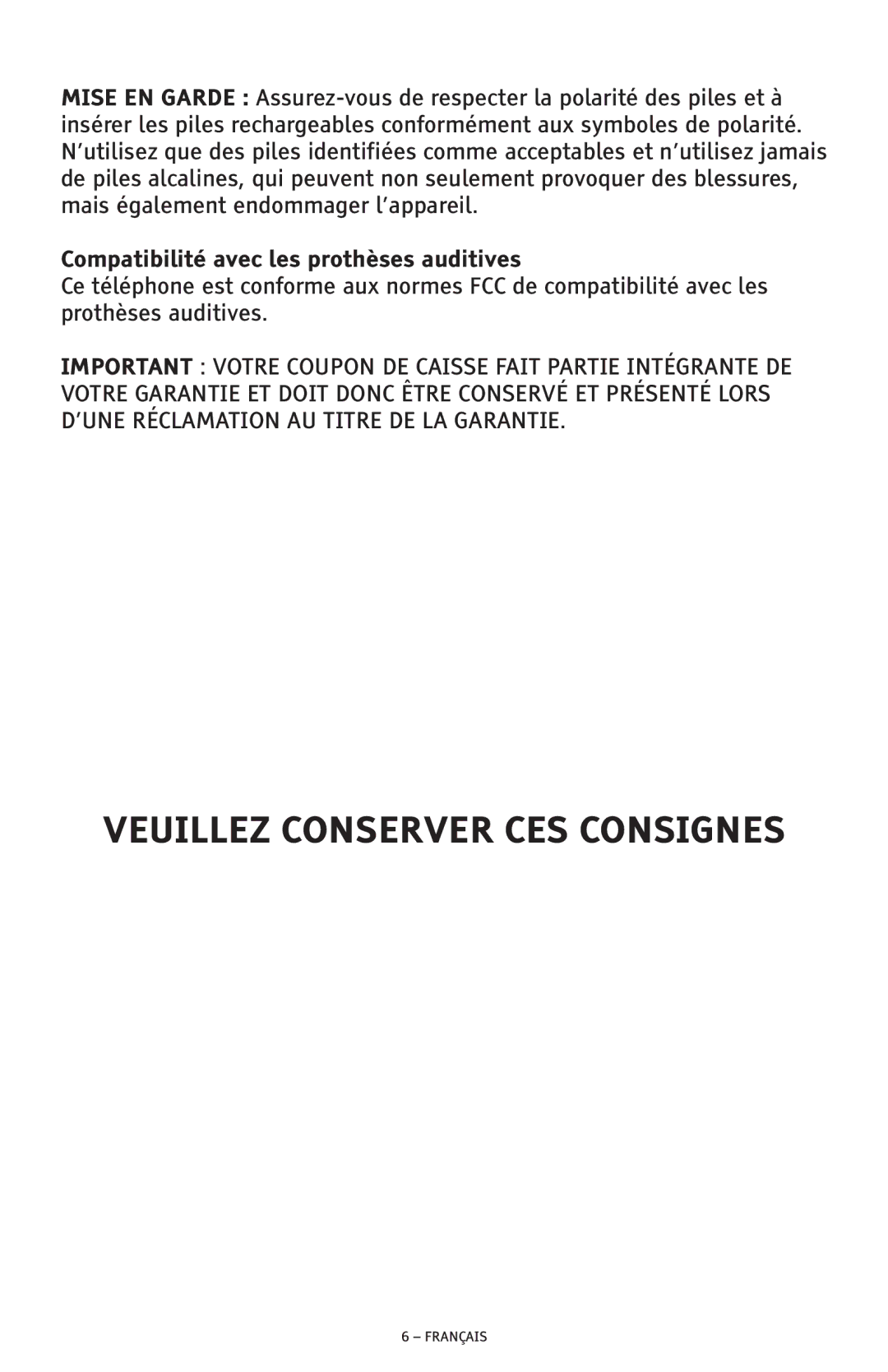 ClearSounds CSC600D manual Veuillez Conserver CES Consignes, Compatibilité avec les prothèses auditives 