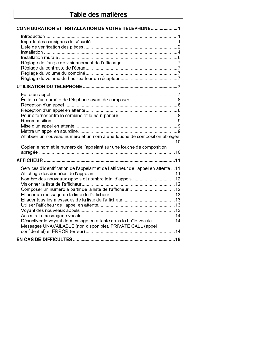 ClearSounds CST25 user manual Table des matières, Utilisation DU Telephone, Afficheur, EN CAS DE Difficultes 