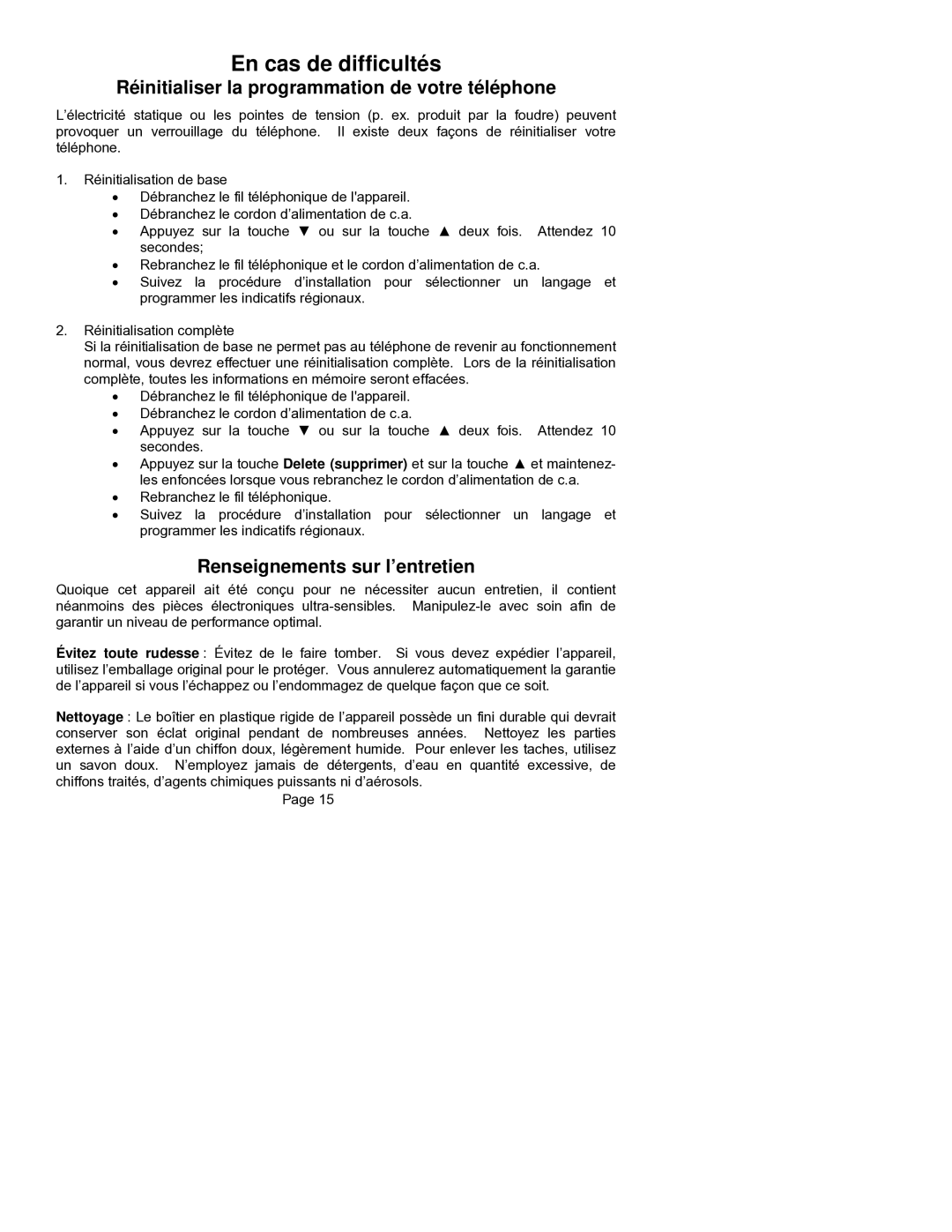 ClearSounds CST25 En cas de difficultés, Réinitialiser la programmation de votre téléphone, Renseignements sur l’entretien 