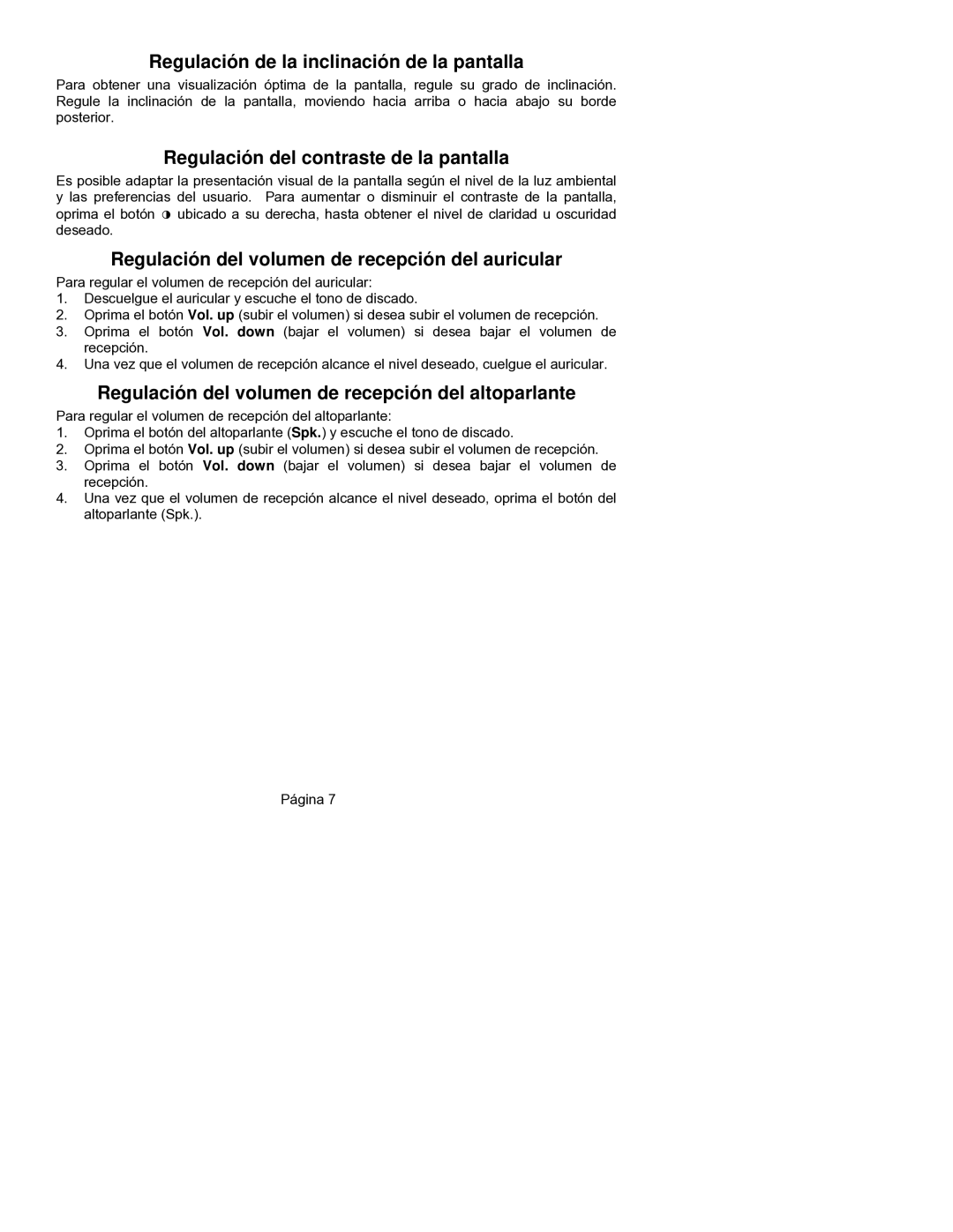 ClearSounds CST25 user manual Regulación de la inclinación de la pantalla, Regulación del contraste de la pantalla 