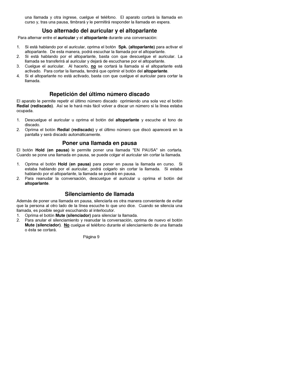 ClearSounds CST25 user manual Uso alternado del auricular y el altoparlante, Repetición del último número discado 