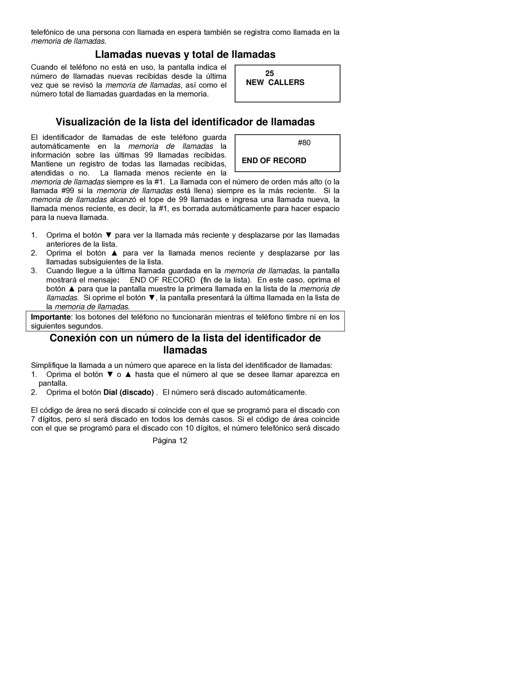 ClearSounds CST25 user manual Llamadas nuevas y total de llamadas, Visualización de la lista del identificador de llamadas 