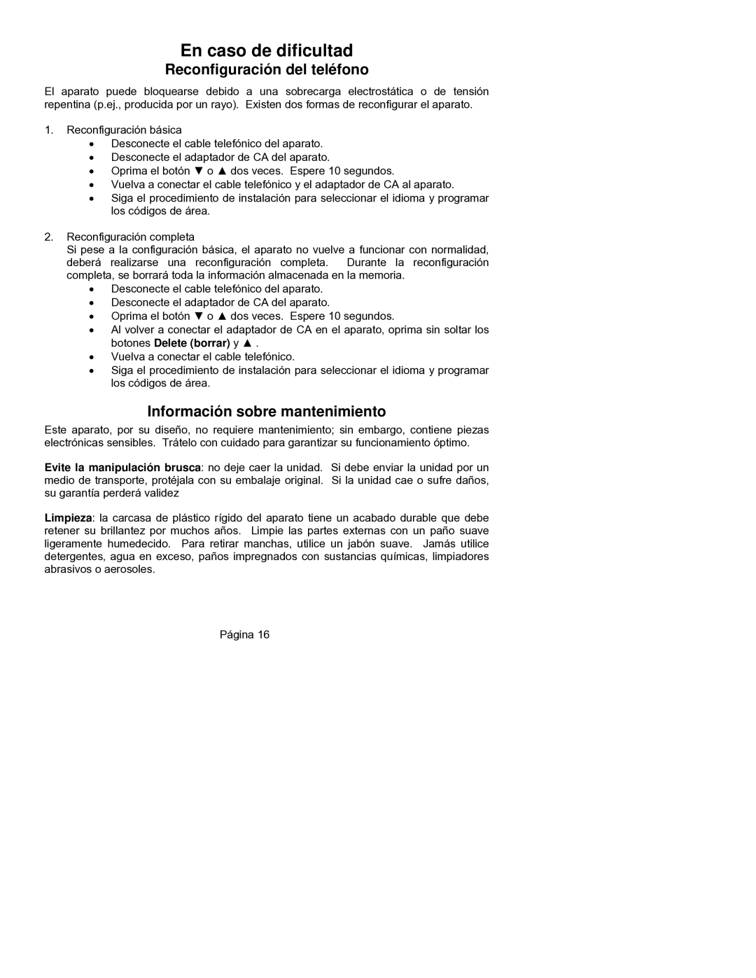 ClearSounds CST25 user manual En caso de dificultad, Reconfiguración del teléfono, Información sobre mantenimiento 