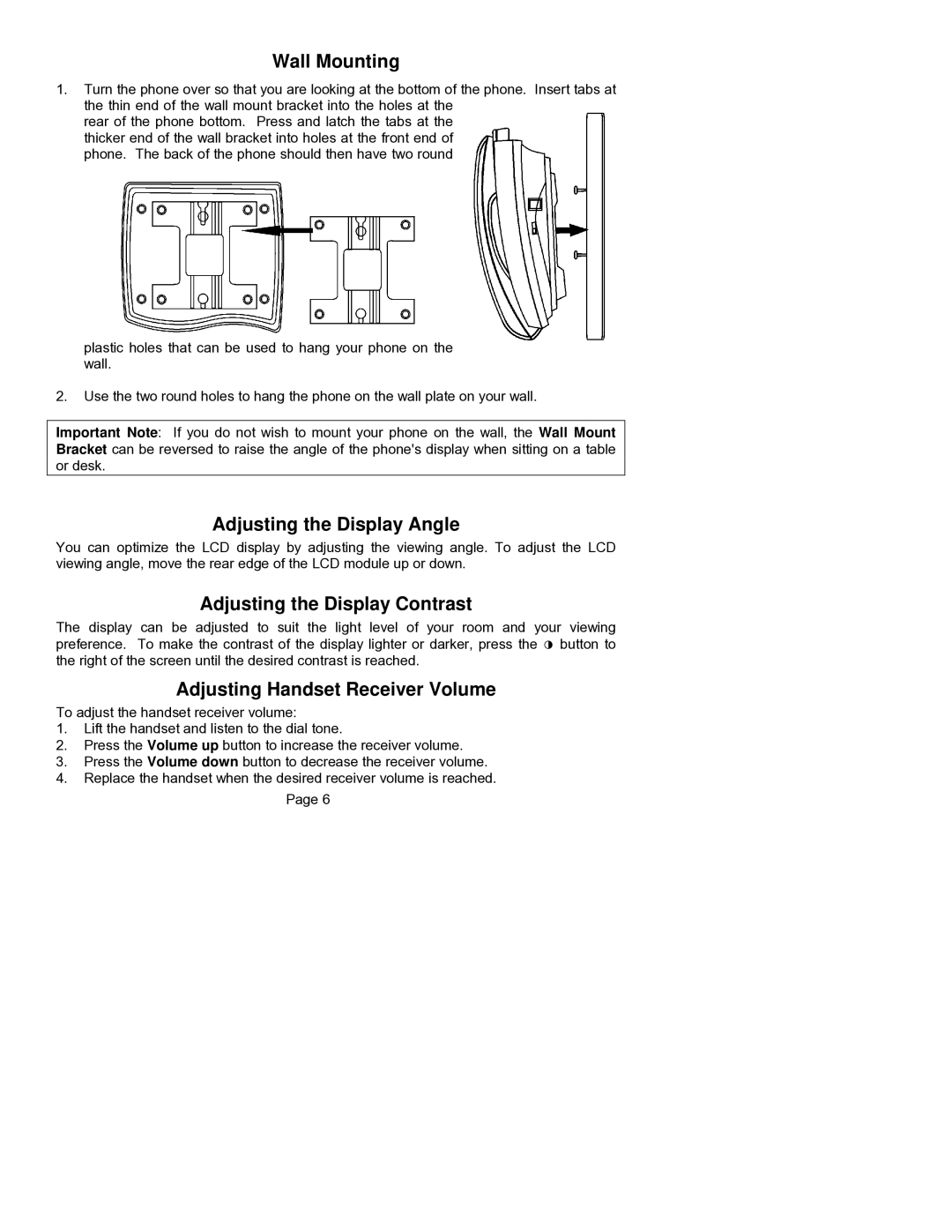 ClearSounds CST25 user manual Wall Mounting, Adjusting the Display Angle, Adjusting the Display Contrast 