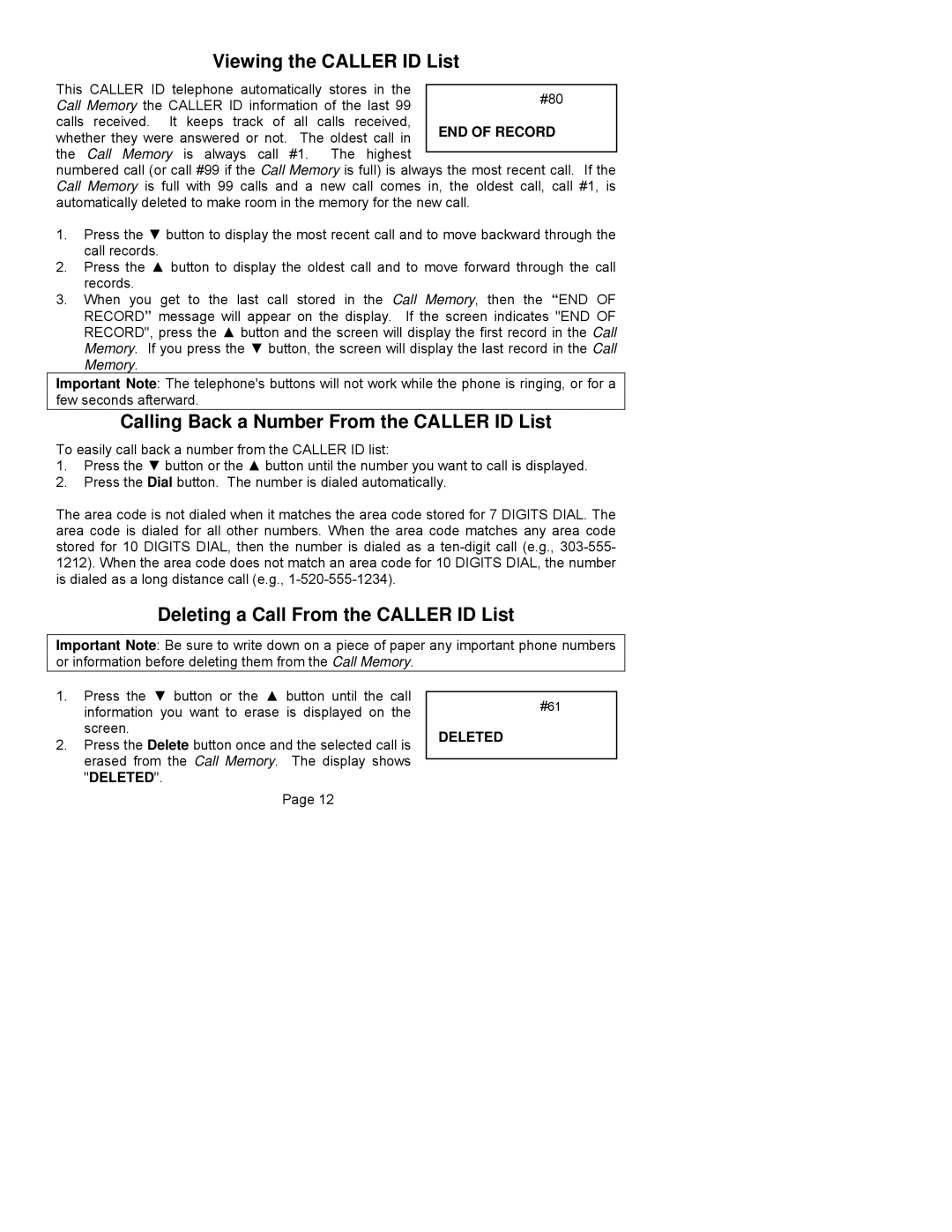 ClearSounds CST25 Viewing the Caller ID List, Calling Back a Number From the Caller ID List, END of Record, Deleted 