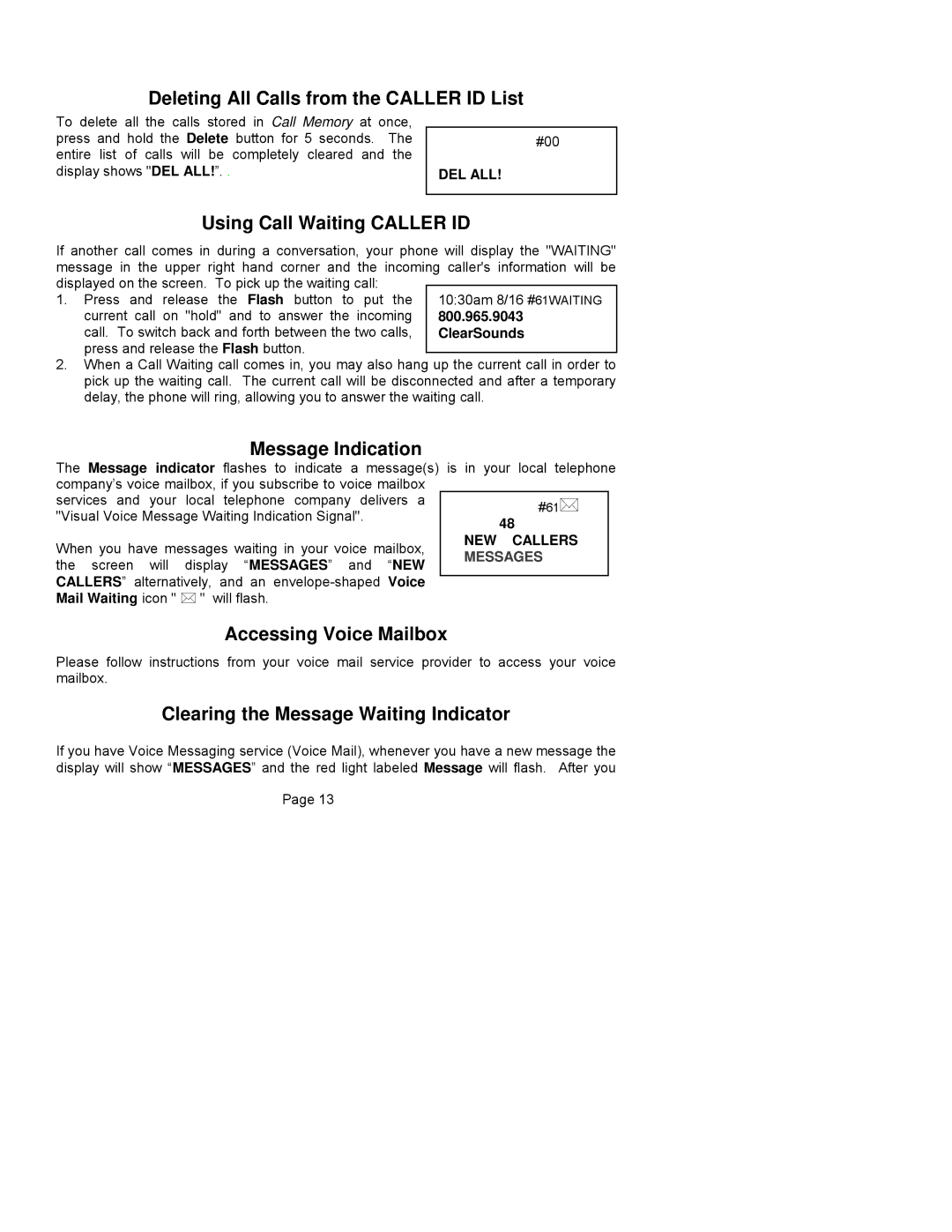 ClearSounds CST25 user manual Deleting All Calls from the Caller ID List, Using Call Waiting Caller ID, Message Indication 