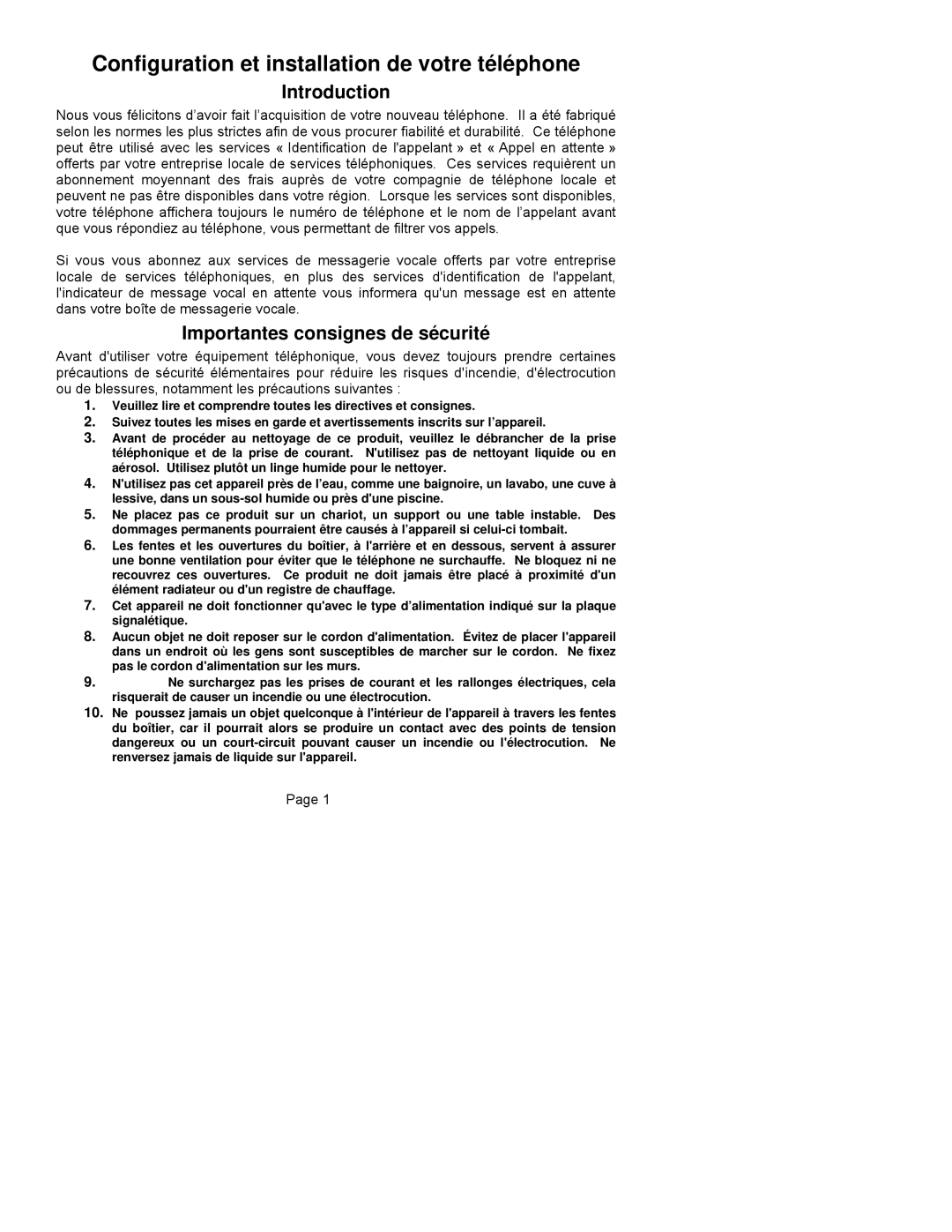 ClearSounds CST25 user manual Configuration et installation de votre téléphone, Importantes consignes de sécurité 